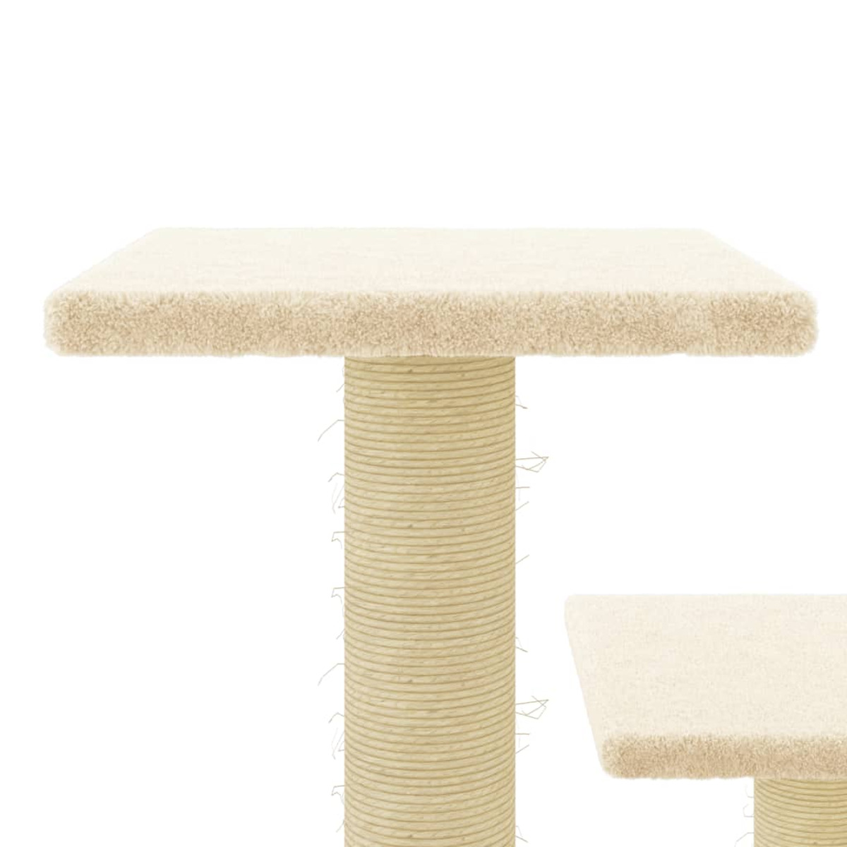 Ein Katzenturm mit zwei Plattformen, eine oben und eine unten. Beige Farbe.