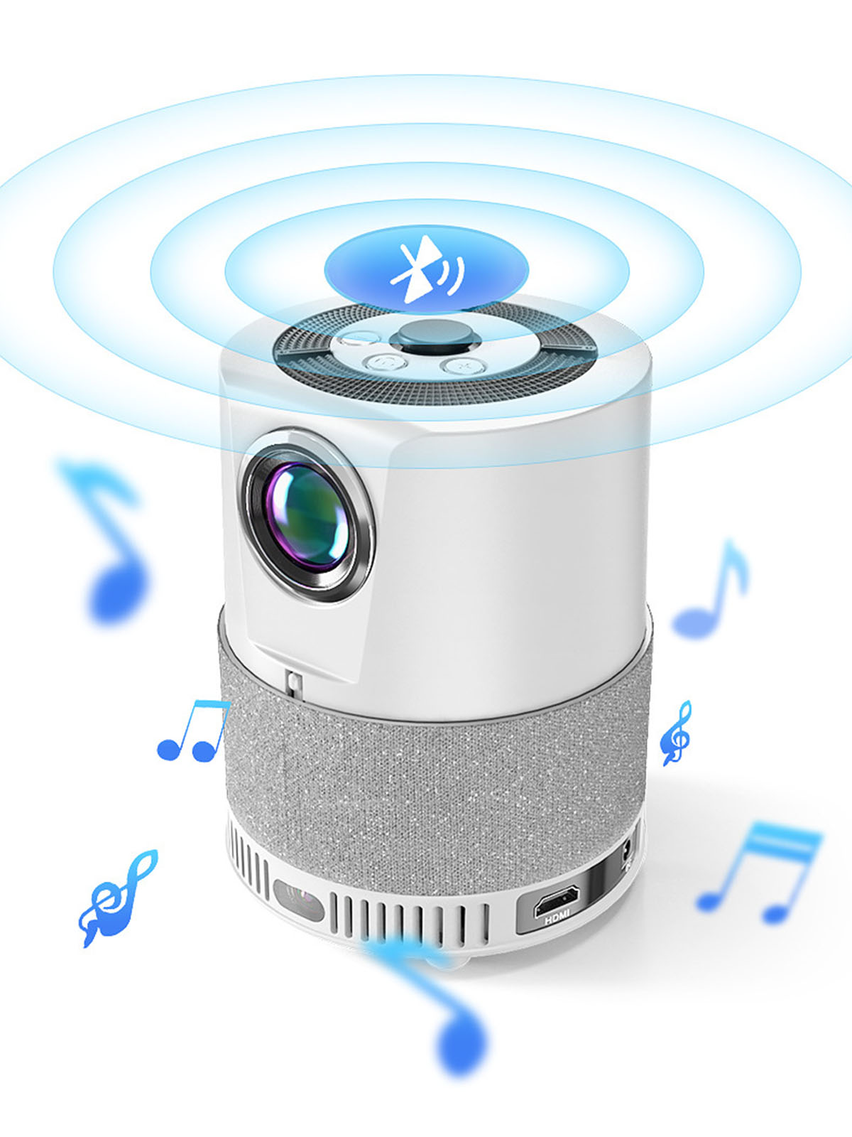Weiß-silberner Lautsprecher mit blauem Bluetooth-Welleneffekt und Noten drumherum.