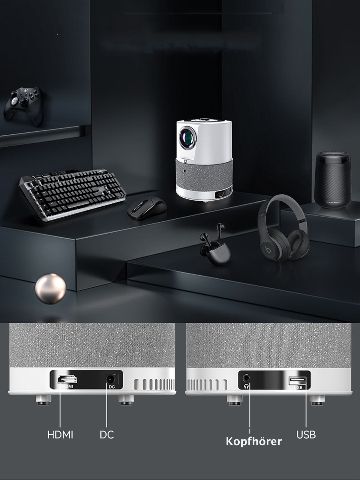 Ein Projektor mit Lautsprechern, Kopfhörern und einer Tastatur auf schwarzem Untergrund. Es gibt HDMI- und USB-Anschlüsse.