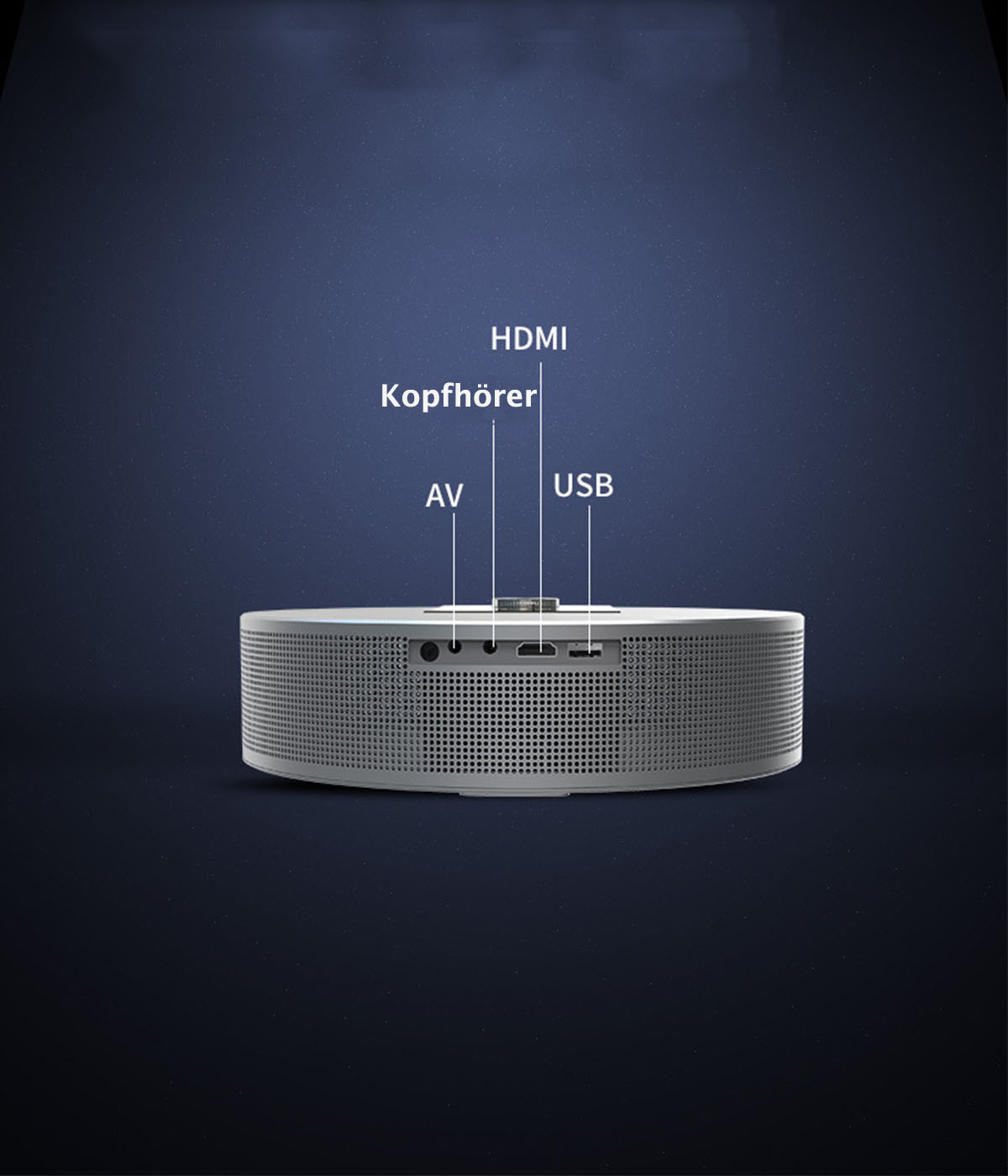Ein weißer, runder Projektor mit Anschlüssen wie HDMI, USB, AV und Kopfhörer.