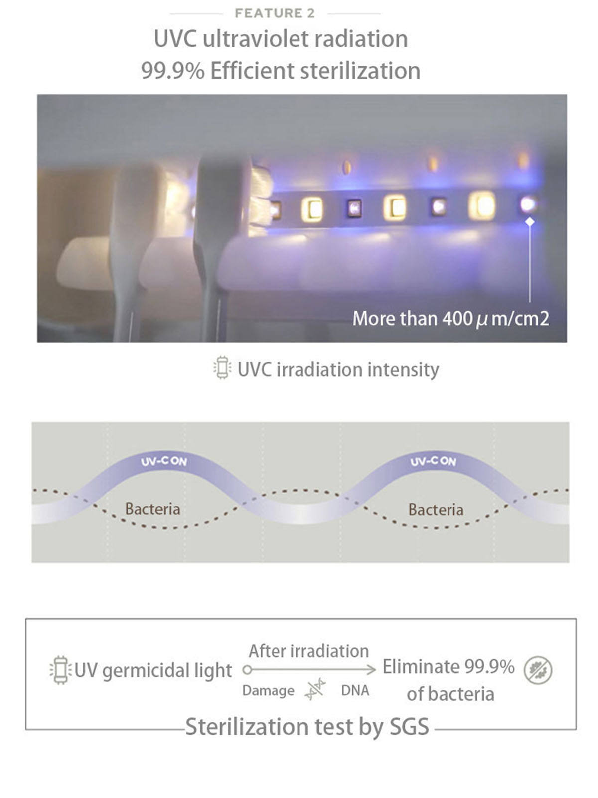 Diagramm zeigt den UV-Sterilisationsprozess. Text und Bilder veranschaulichen die Beseitigung von Bakterien durch UV-Licht.