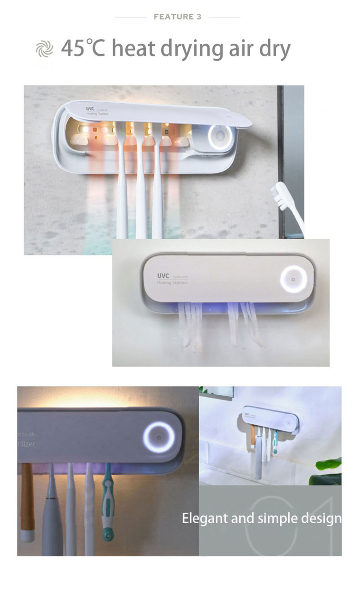 Mehrere Bilder: Zahnbürstensterilisator, der UV-Licht, Trocknung und Designdetails zeigt.