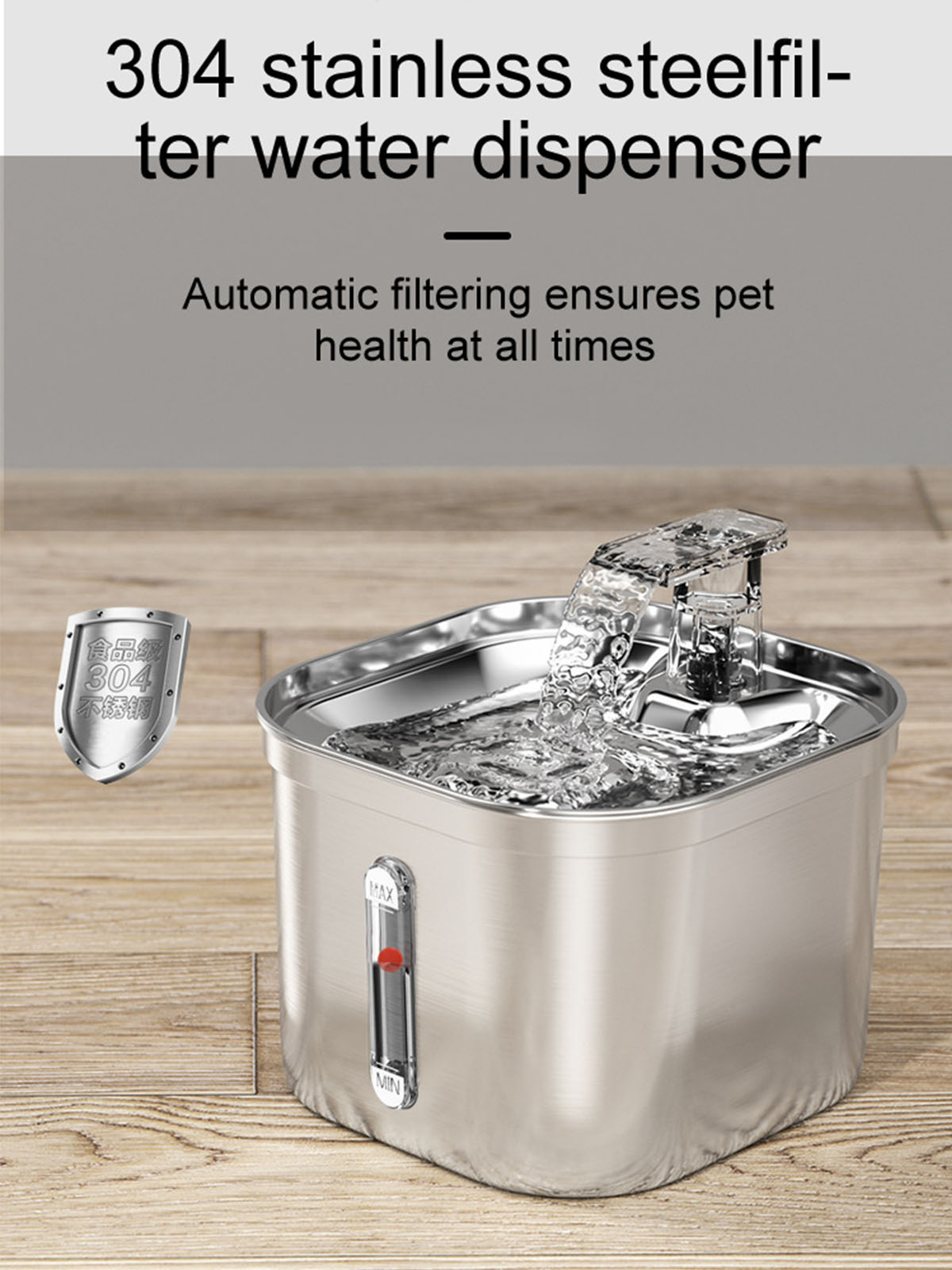 Edelstahl-Haustier-Wasserspender mit Wasserfall und Metallschild. Das Wasser fließt.