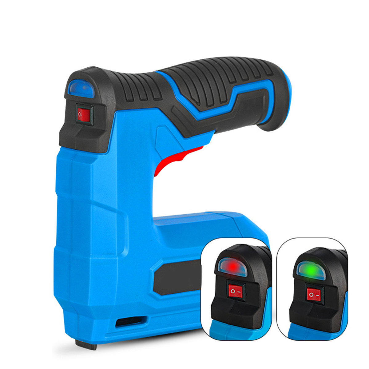 Blau-schwarze Tackerpistole mit roten und grünen Betriebsanzeigelampen.