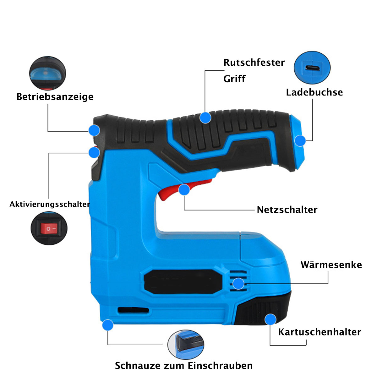 Blau-schwarze Tackermaschine mit Etiketten, die auf verschiedene Teile zeigen.
