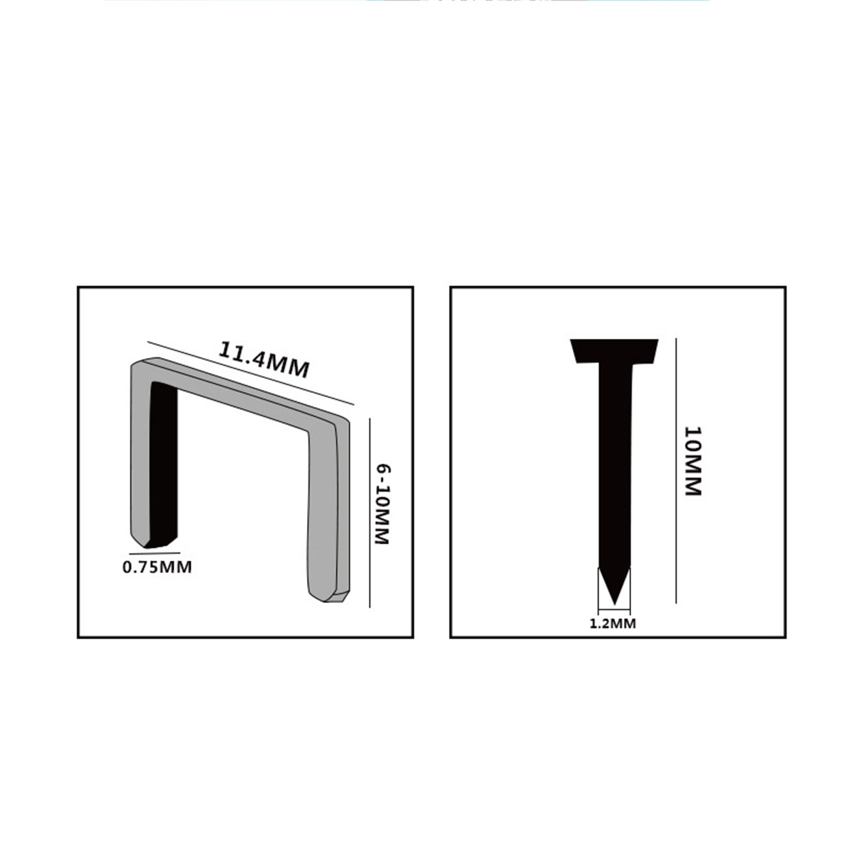 Diagramm zeigt eine Klammer und einen Nagel, mit in Millimetern angegebenen Abmessungen. Die Klammer ist silberfarben, der Nagel schwarz.