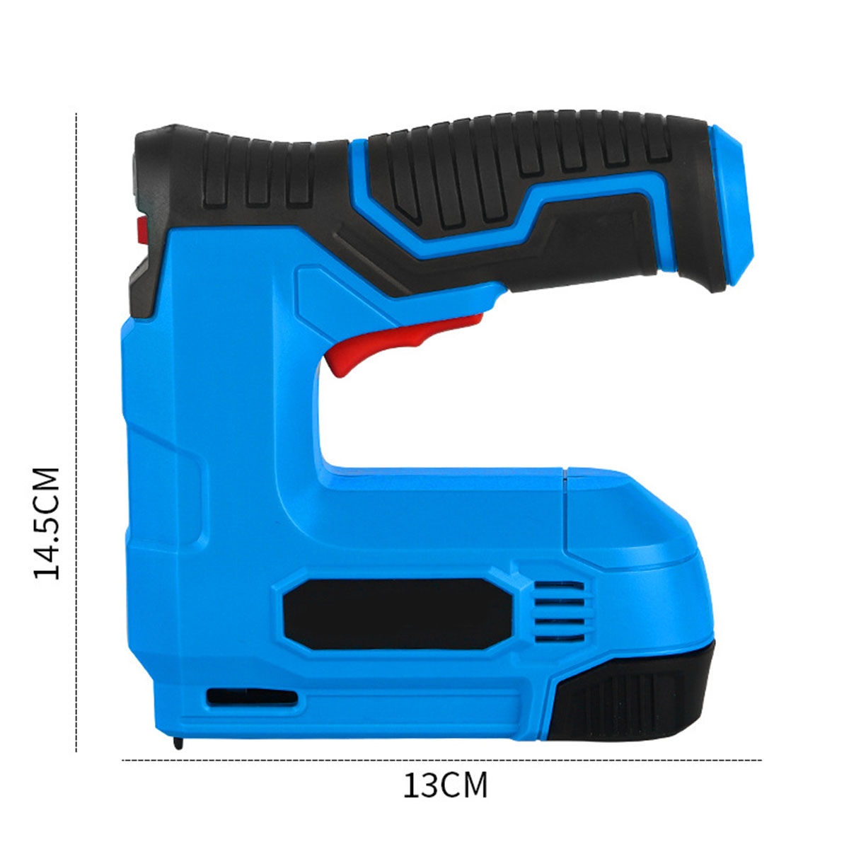 Blaue und schwarze elektrische Tackerpistole. Zeigt Abmessungen von 14,5 cm und 13 cm.