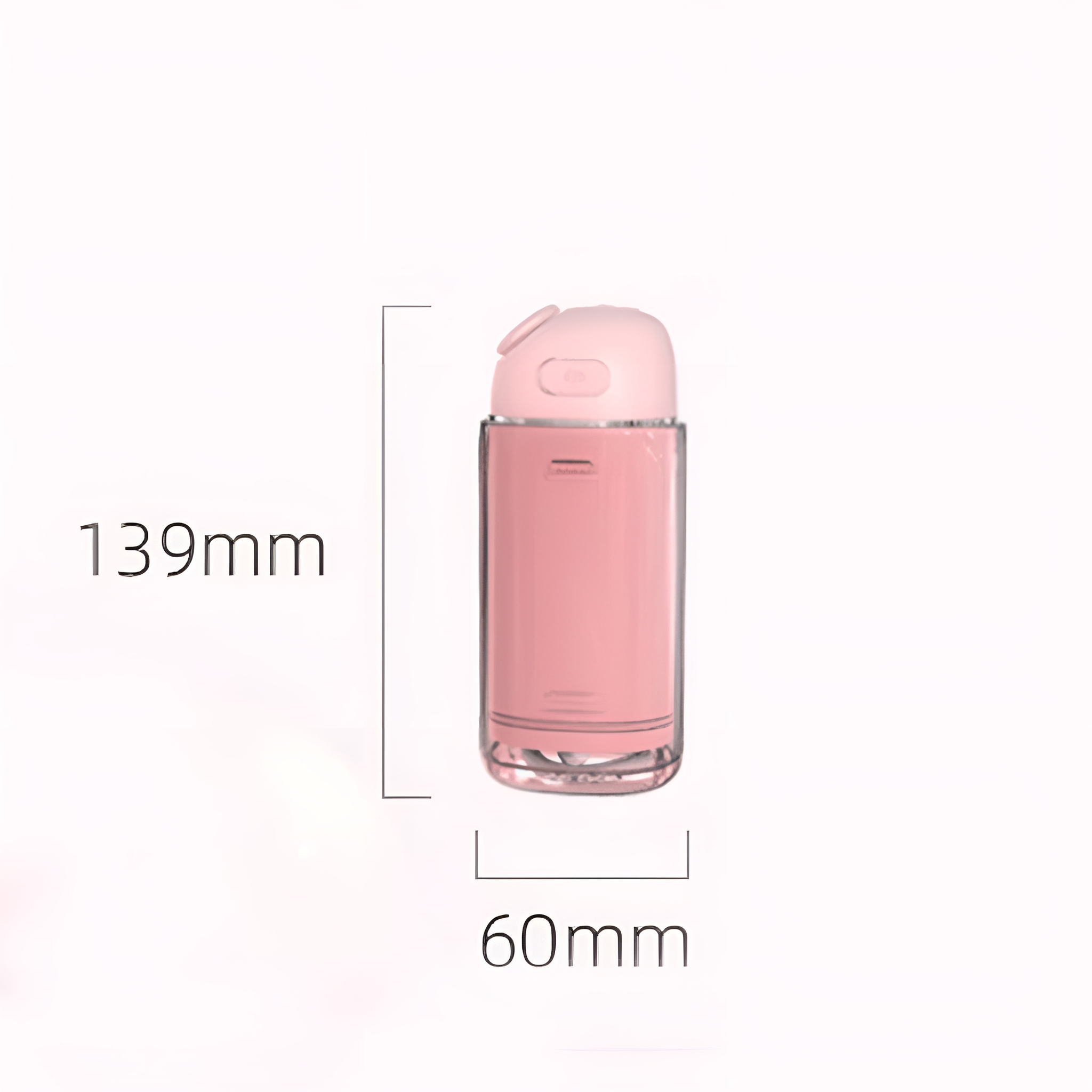 Eine rosa, zylindrische Wasserflasche mit Maßangaben. Ein rosa Deckel oben.