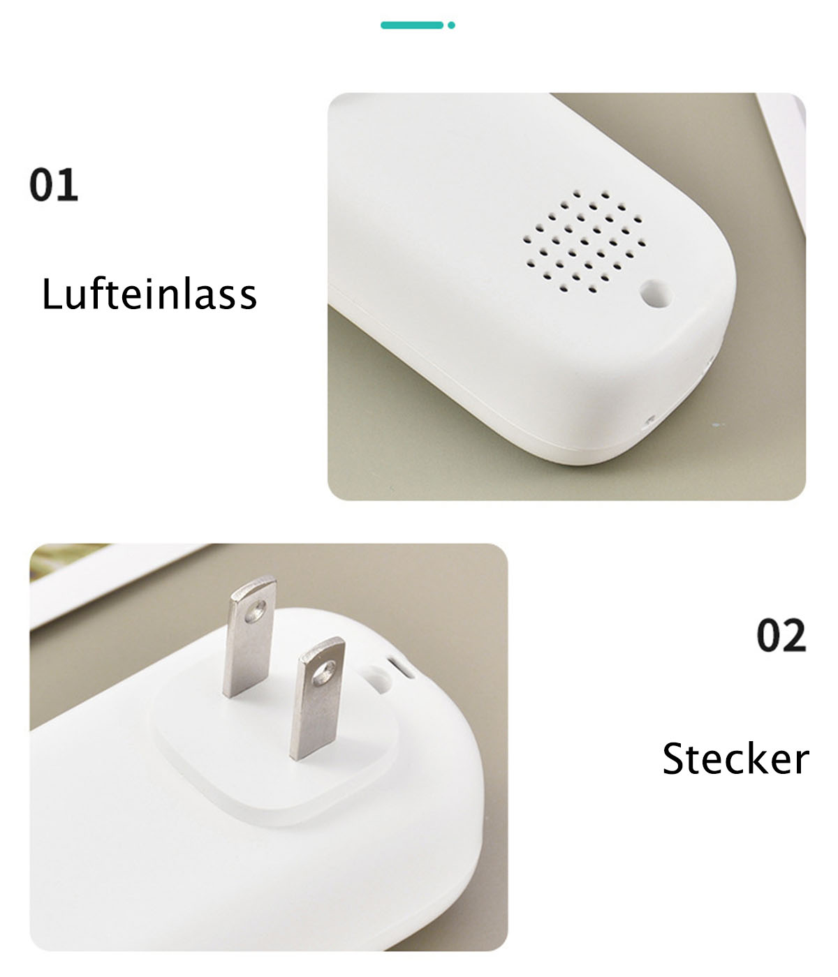 Zwei Bilder: eins von einem weißen Luftreiniger-Einlass und eins vom Stecker. Text ist auf Deutsch.
