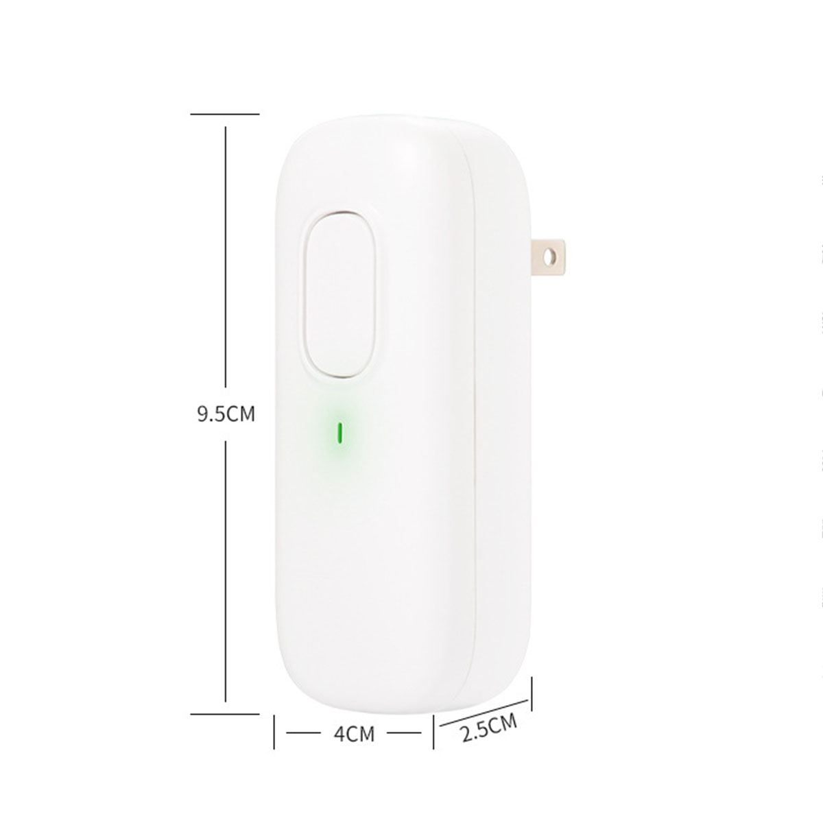 Ein weißer Plug-in-Lufterfrischer mit Maßangaben. Er hat ein grünes Licht.