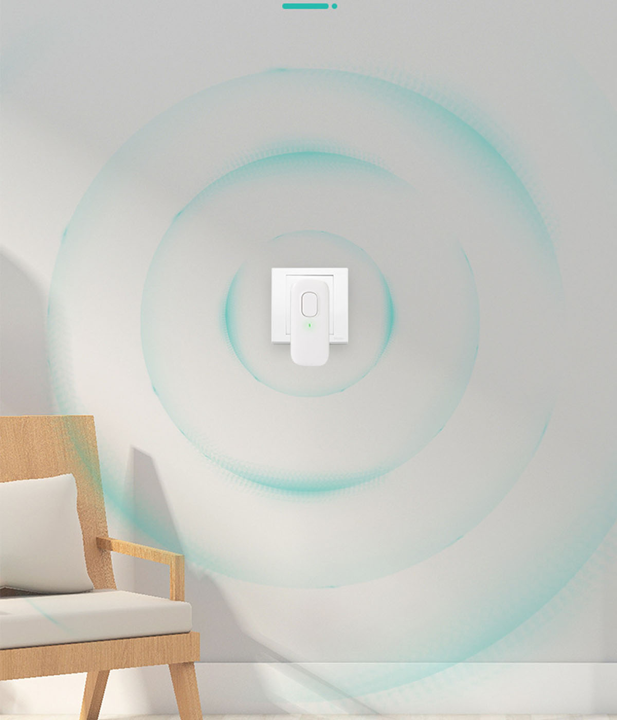 Eine weiße Wand mit einem Stecker und einem kleinen weißen Gerät. Grüne Wirbel zeigen das Signal des Geräts.