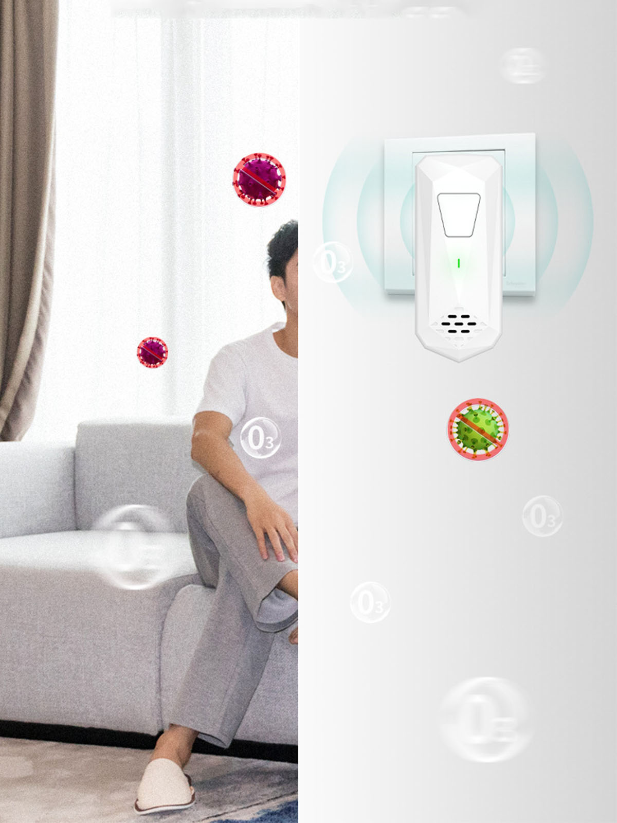 Mann sitzt auf Sofa, Luftreiniger an der Wand, Viren-Icons in der Luft.
