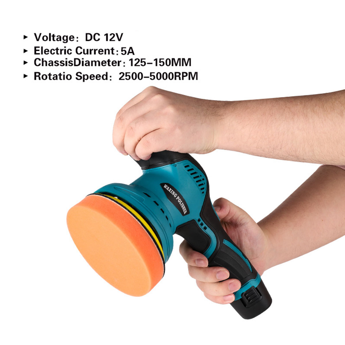 Person hält einen blau-schwarzen Wachspolierer. Text-Overlays: DC 12V, 5A, 125-150MM, 2500-5000RPM.