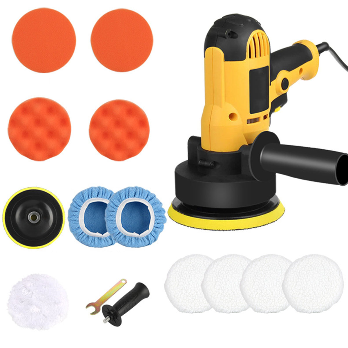 Eine orange-gelbe elektrische Poliermaschine mit Zubehör: Pads, Hauben und ein Schraubenschlüssel.