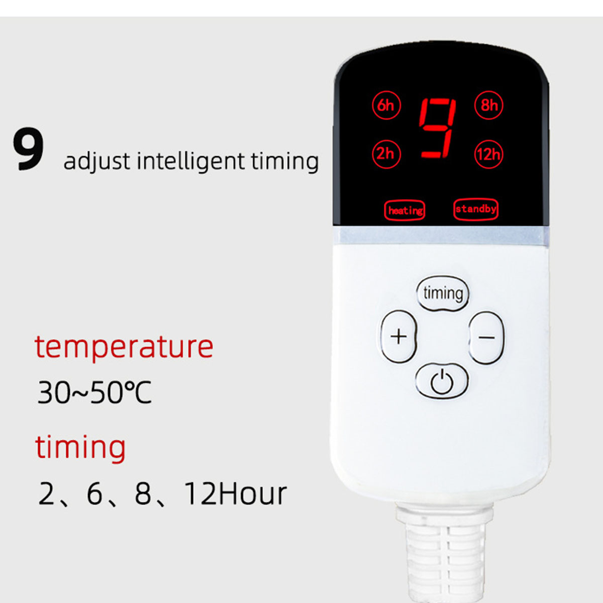 Digitaler Timer mit roter Anzeige, die '9' zeigt. Text zeigt Temperatur und Timing-Optionen an.