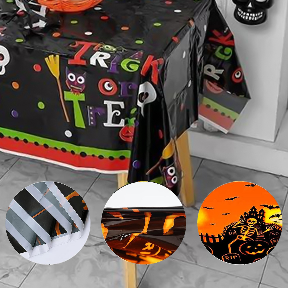 Halloween-Tischdecke mit schwarzem Hintergrund und orangefarbenen und weißen Details.