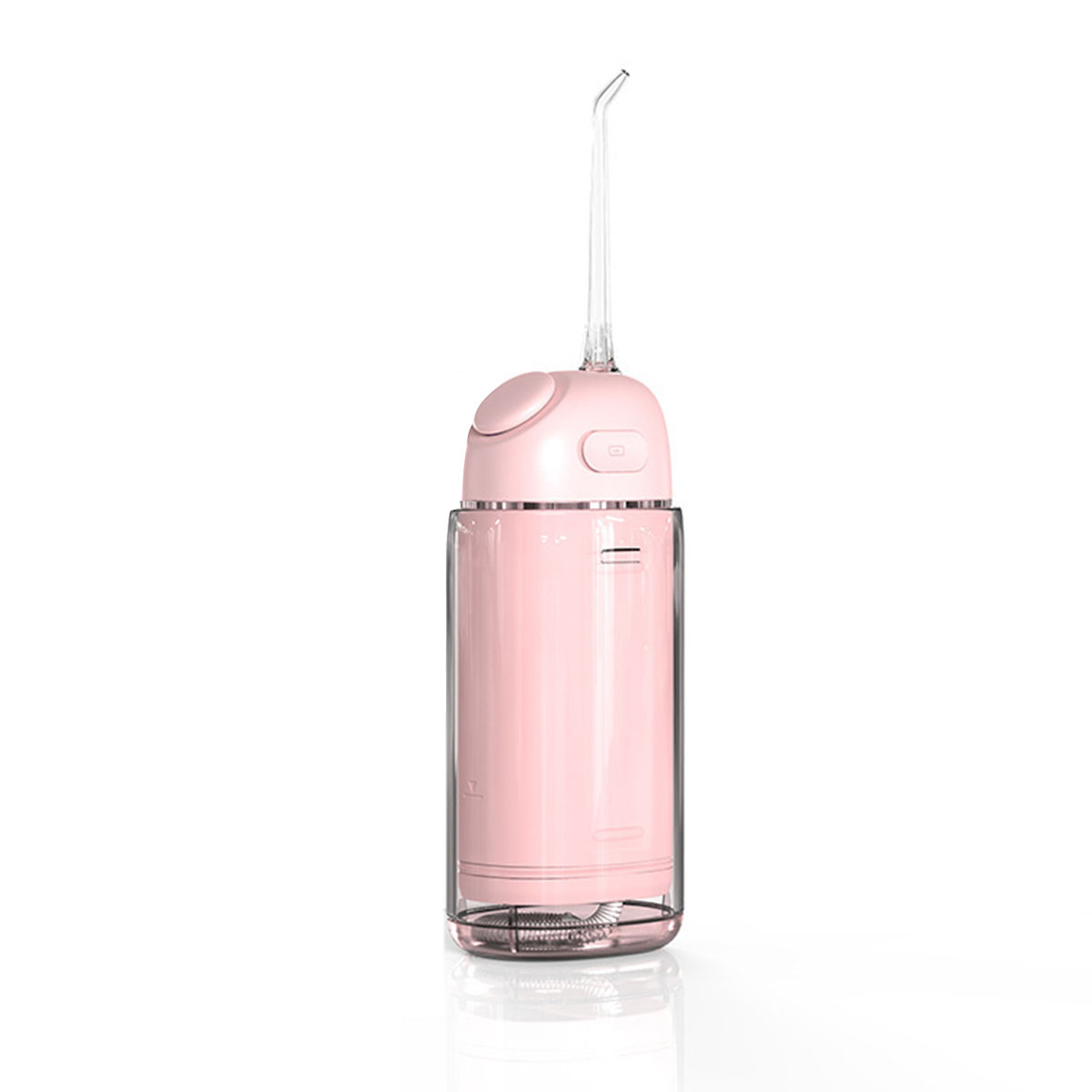 Ein rosa Wasser-Flosser mit einem durchsichtigen Wassertank. Es hat eine Düse und einen Knopf.
