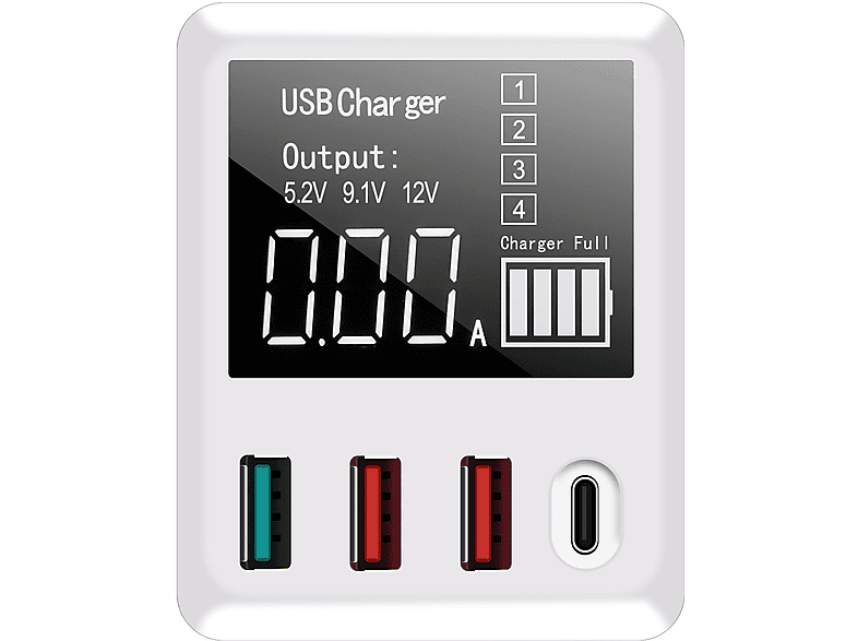 BRIGHTAKE Vielseitiges 4-Port USB Schnellladegerät mit Smart Recognition Display Ladegerät All device, weiß