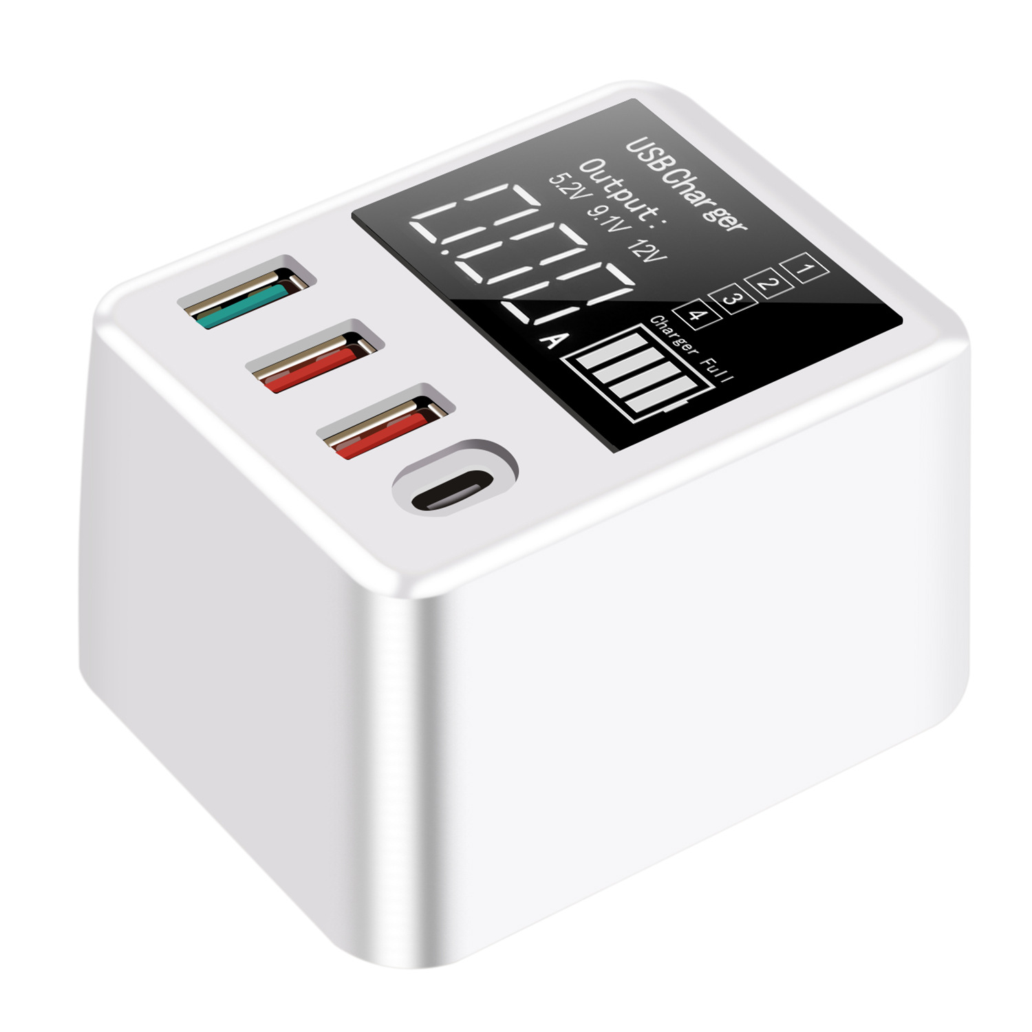 Weißer, kubusförmiger USB-Ladegerät mit mehreren Anschlüssen und digitaler Anzeige der Ausgangsleistung in Ampere.