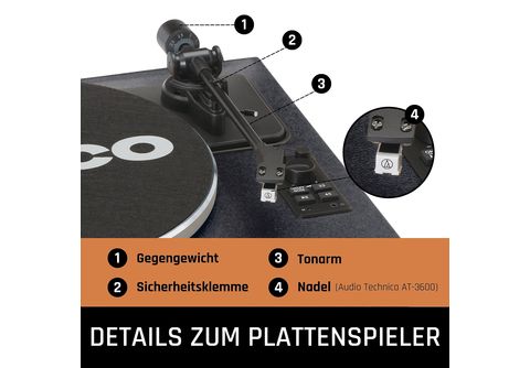LENCO LS-430BK - Schwarz - 4 MediaMarkt Lautsprechern Plattenspieler | Bluetooth eingebaute