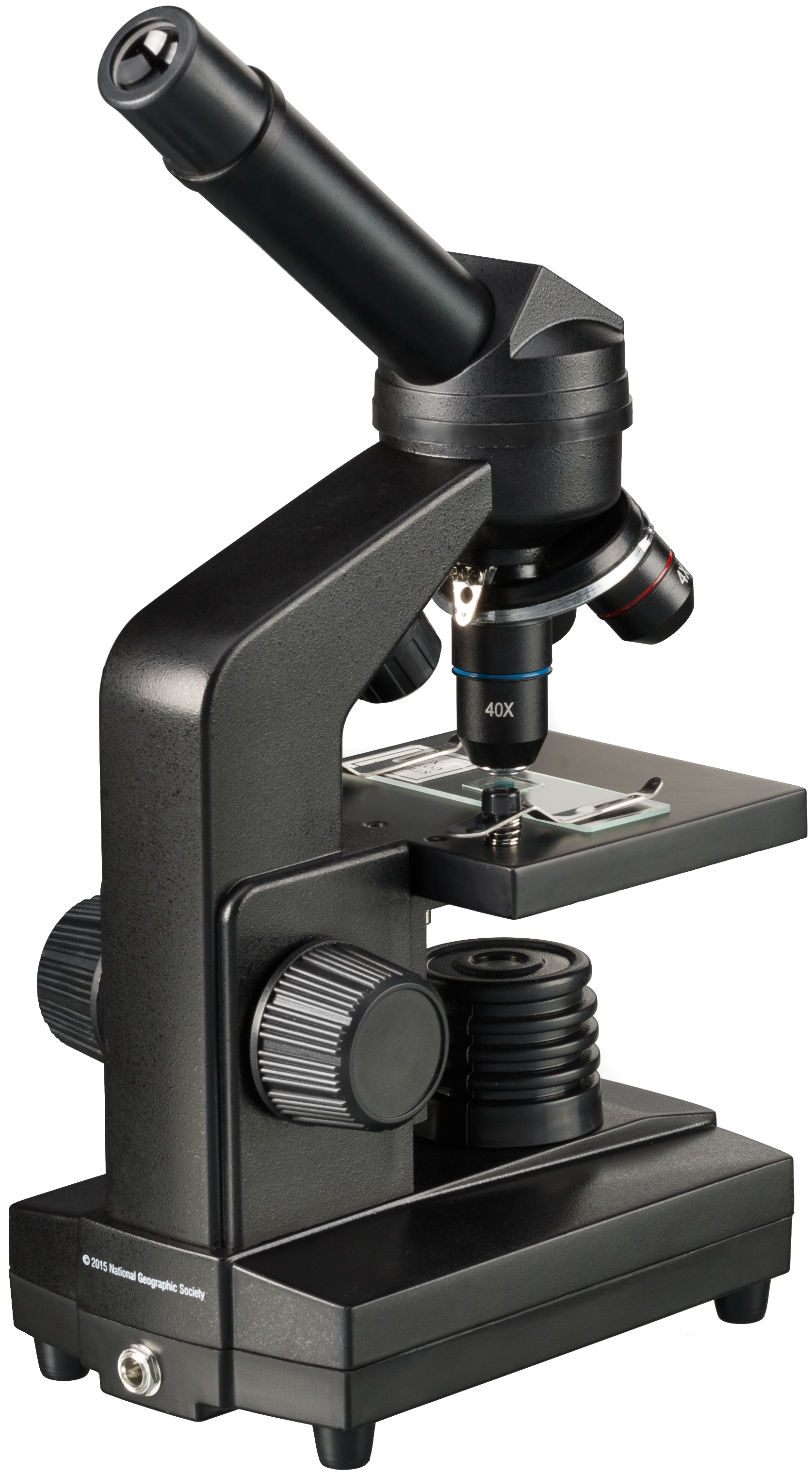 Un microscopio negro con múltiples lentes y perillas de ajuste.