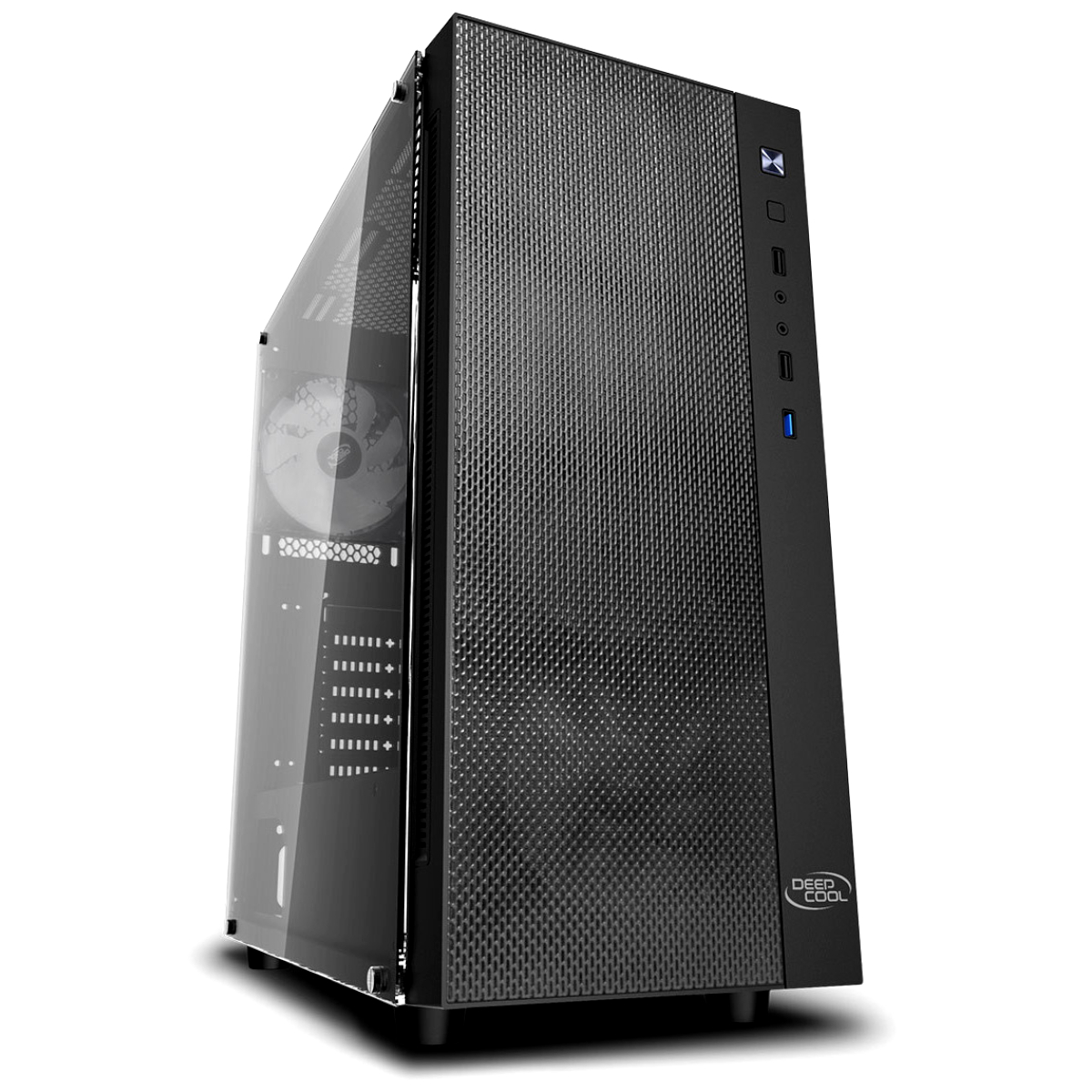 Una caja de ordenador negra con panel lateral de cristal y frontal perforado.