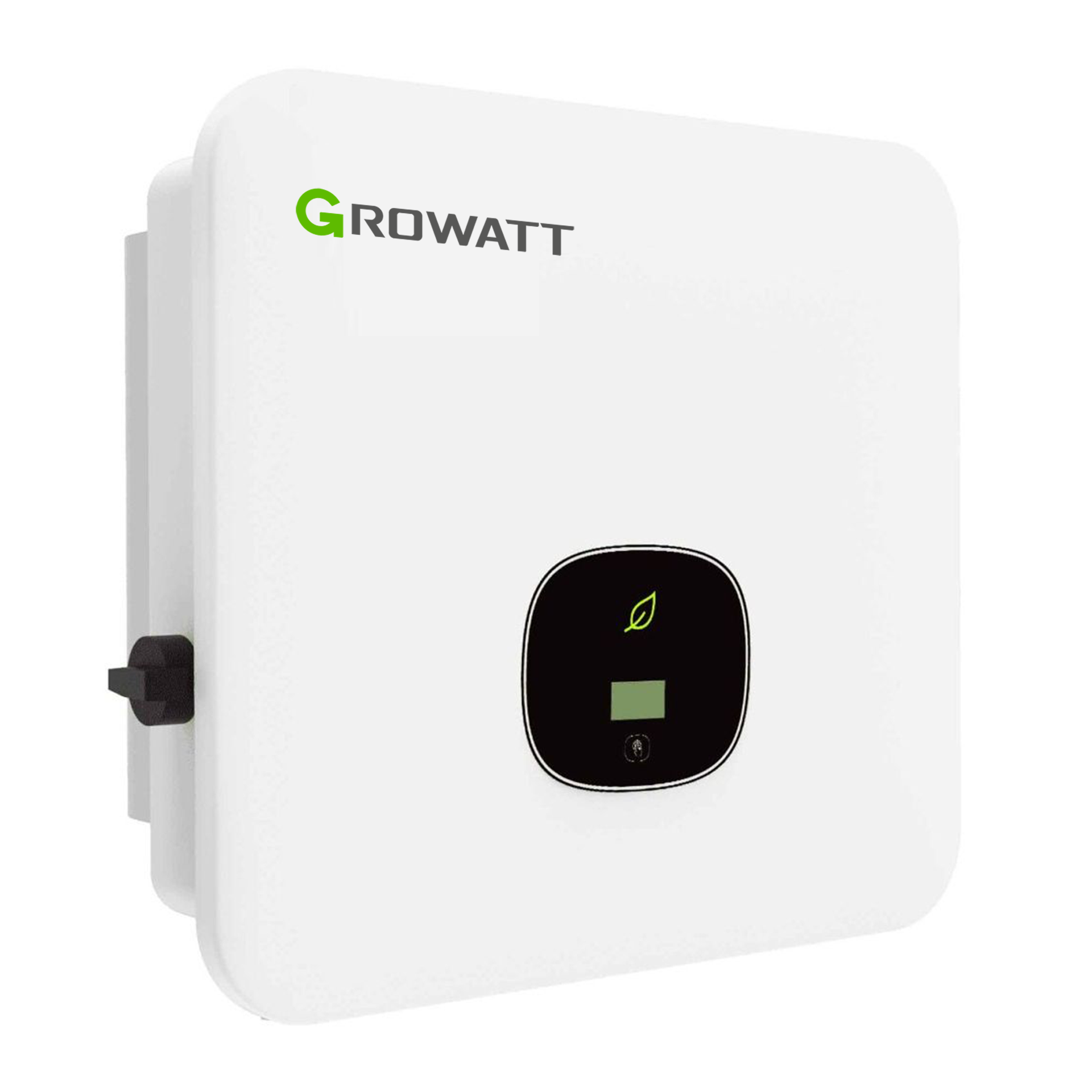 Ein weißer Growatt-Solarwechselrichter mit schwarzem Display und grünem Growatt-Logo.