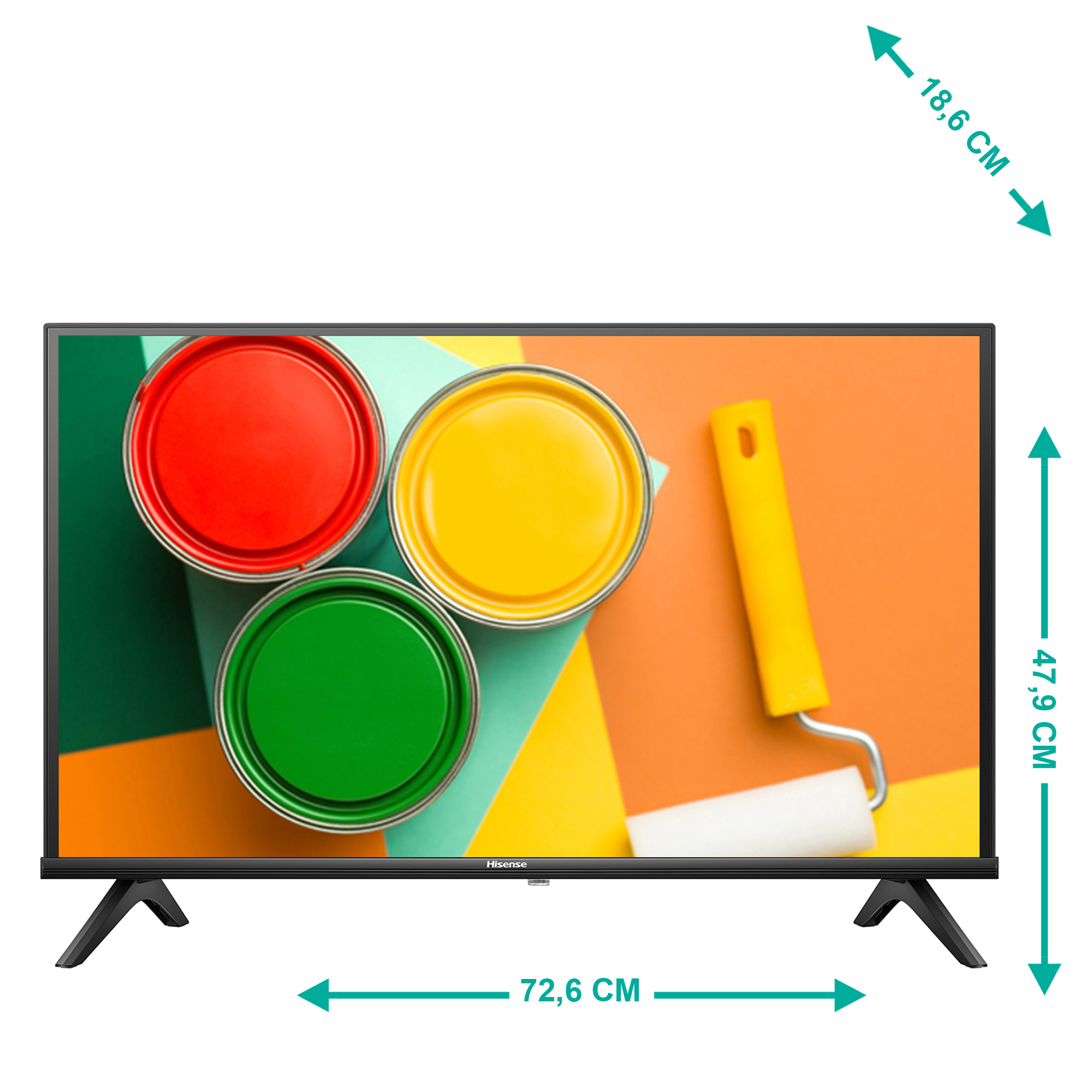 Ein Hisense-Fernseher mit Farbdosen und einer Rolle auf einem bunten Hintergrund mit Maßpfeilen.