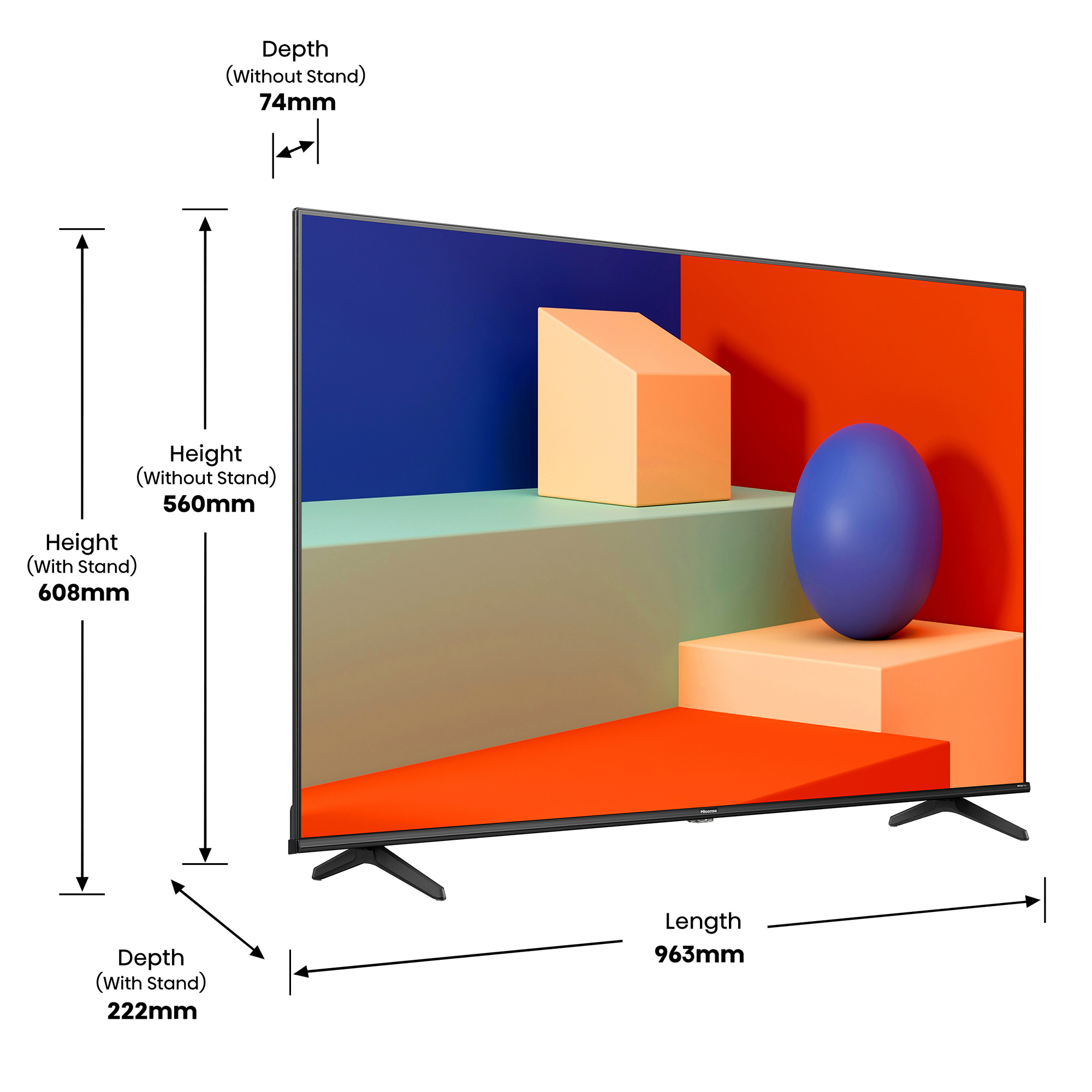 Ein Fernsehbildschirm mit in Millimetern beschrifteten Maßen und einem stilisierten Hintergrund.