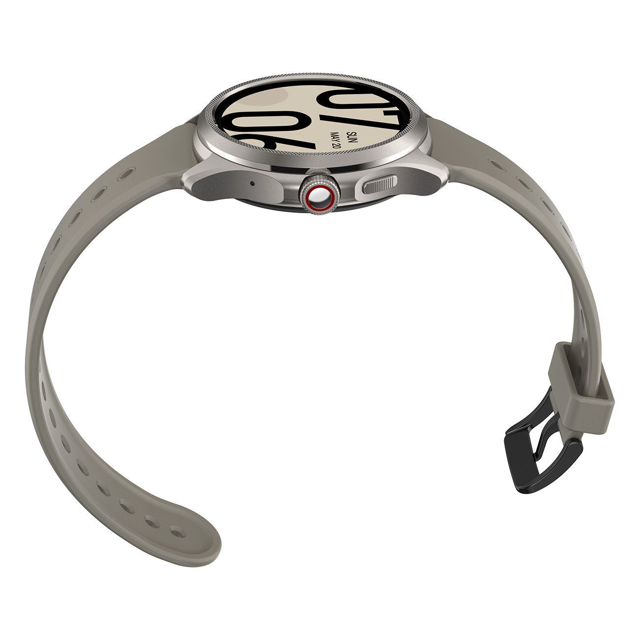 Widok z boku srebrnego smartwatcha z szarym paskiem i czarną klamrą.