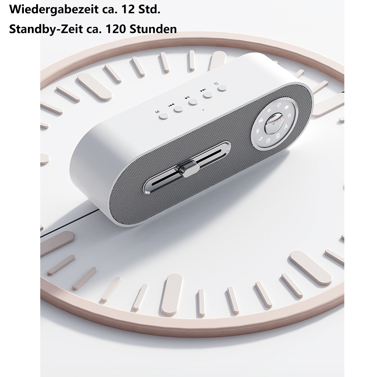 Weiß-graue Soundmaschine auf einem Ziffernblatt mit Text, der Spiel- und Standby-Zeiten angibt.