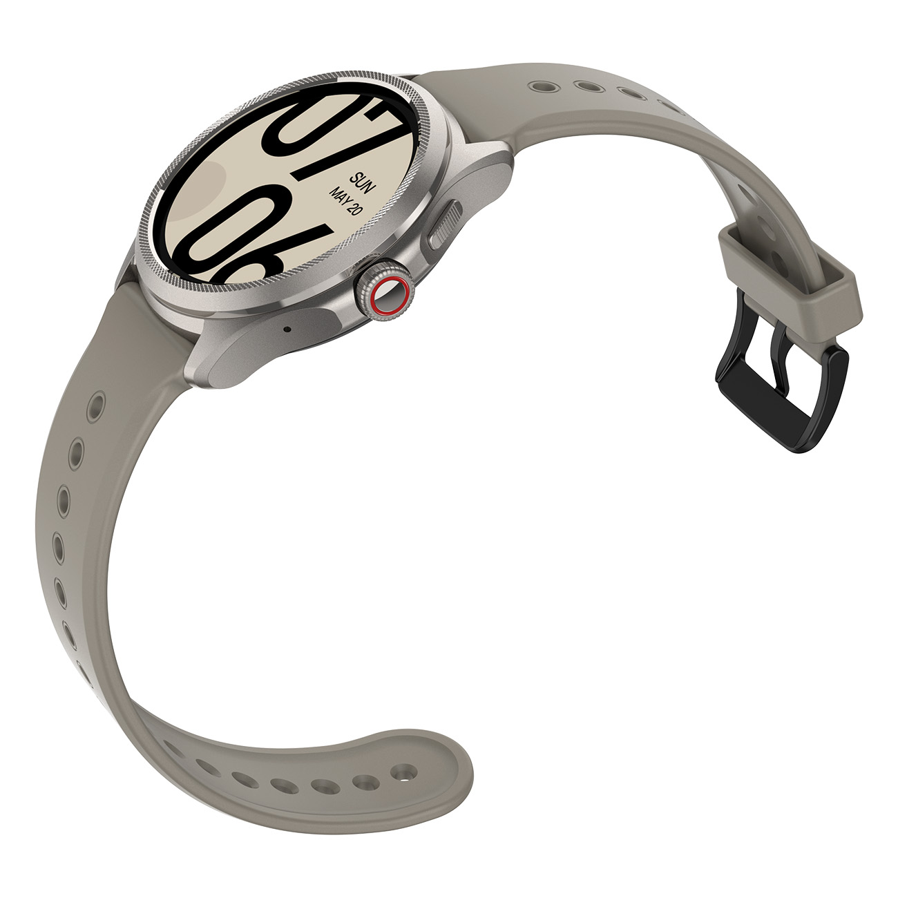 Srebrny smartwatch z szarym paskiem. Wyświetla godzinę i datę.