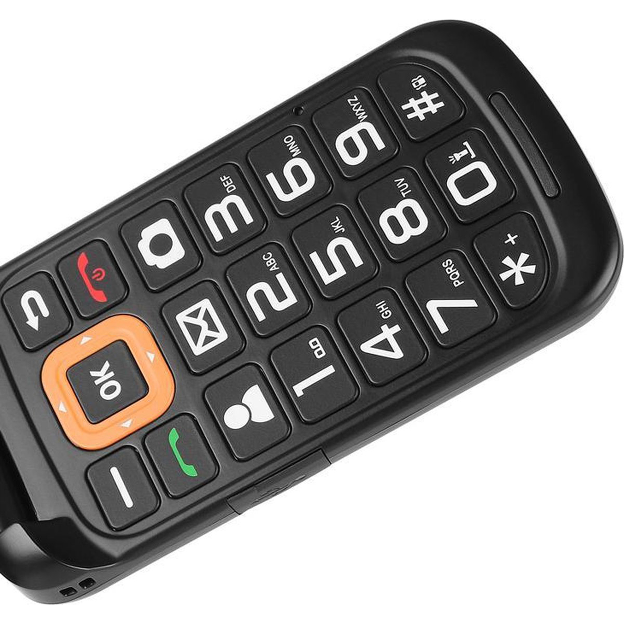 Zbliżenie czarnego telefonu z dużymi przyciskami i pomarańczowym przyciskiem OK. Łatwy w obsłudze telefon.