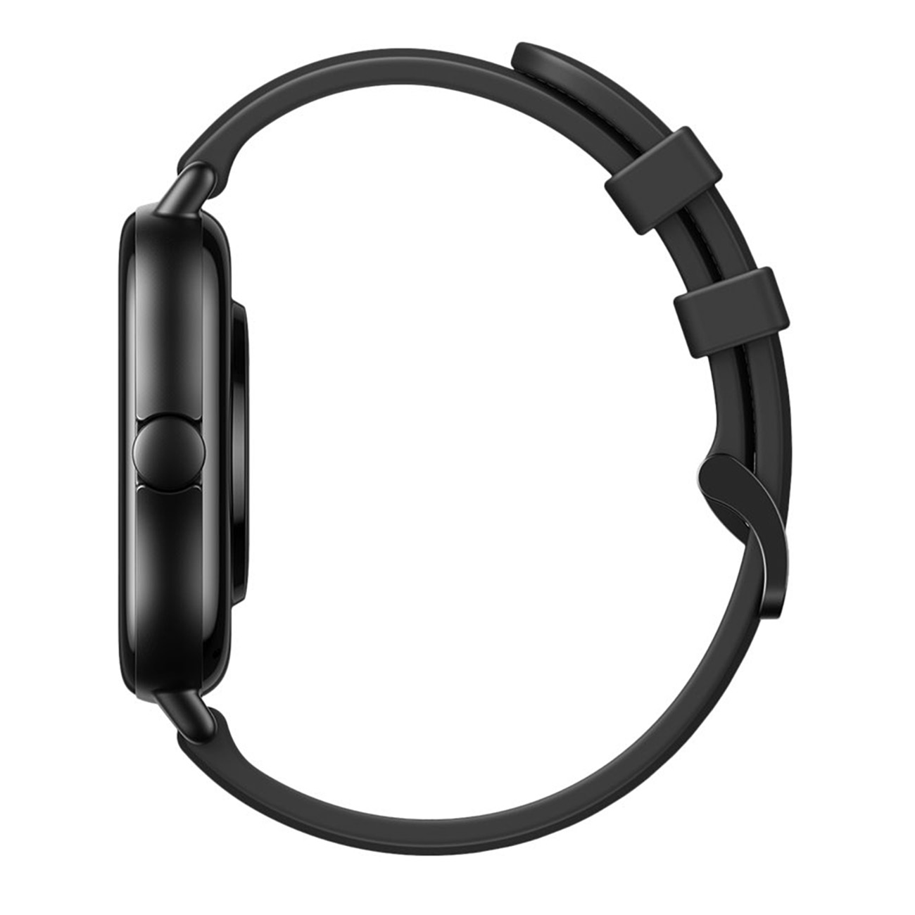 Czarny smartwatch, widok z boku, z czarnym paskiem. Tarcza zegarka jest okrągła.