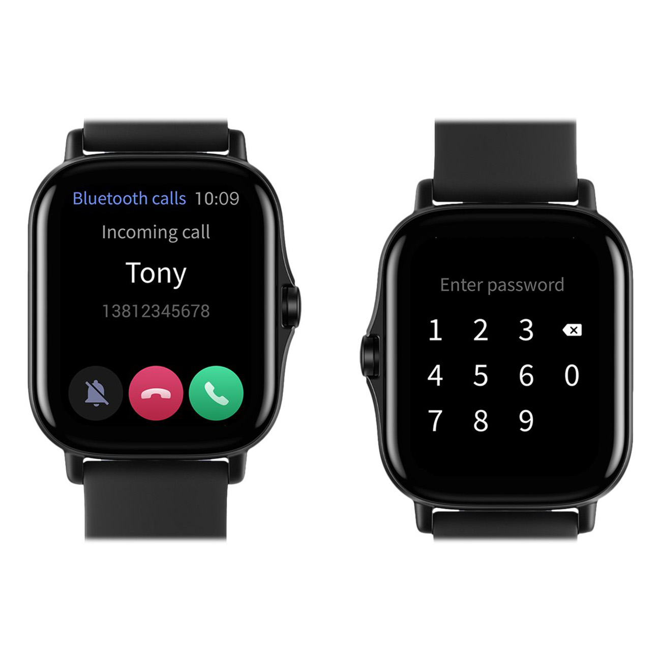Dwa smartwatche pokazujące połączenie przychodzące od Tony'ego i ekran hasła. Oba są czarne.