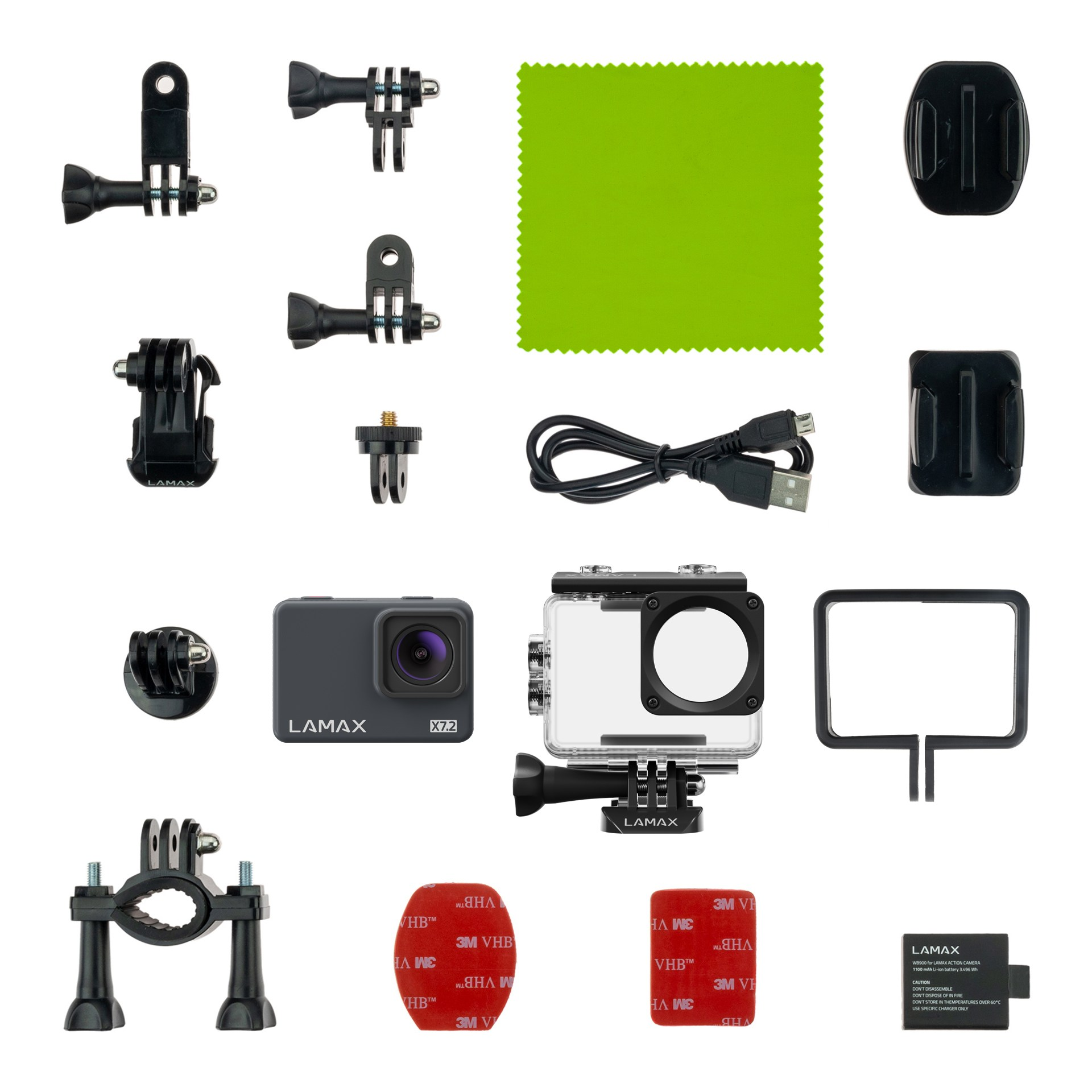 Różne akcesoria do kamery sportowej, w tym uchwyty, wodoodporna obudowa, kabel USB i podkładki samoprzylepne.