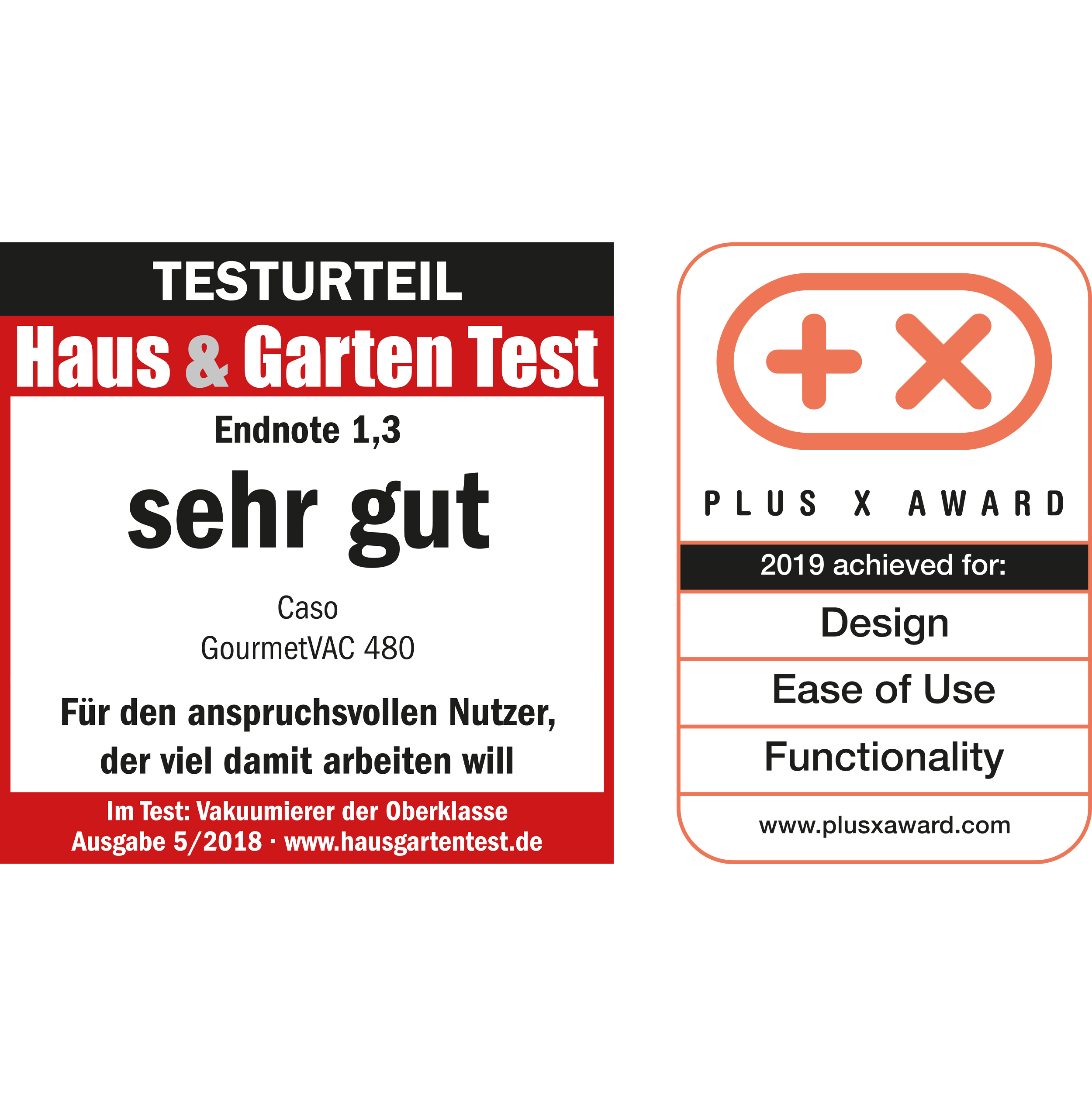 Zwei Auszeichnungen, Haus & Garten Test und Plus X Award. Text links, Details rechts.