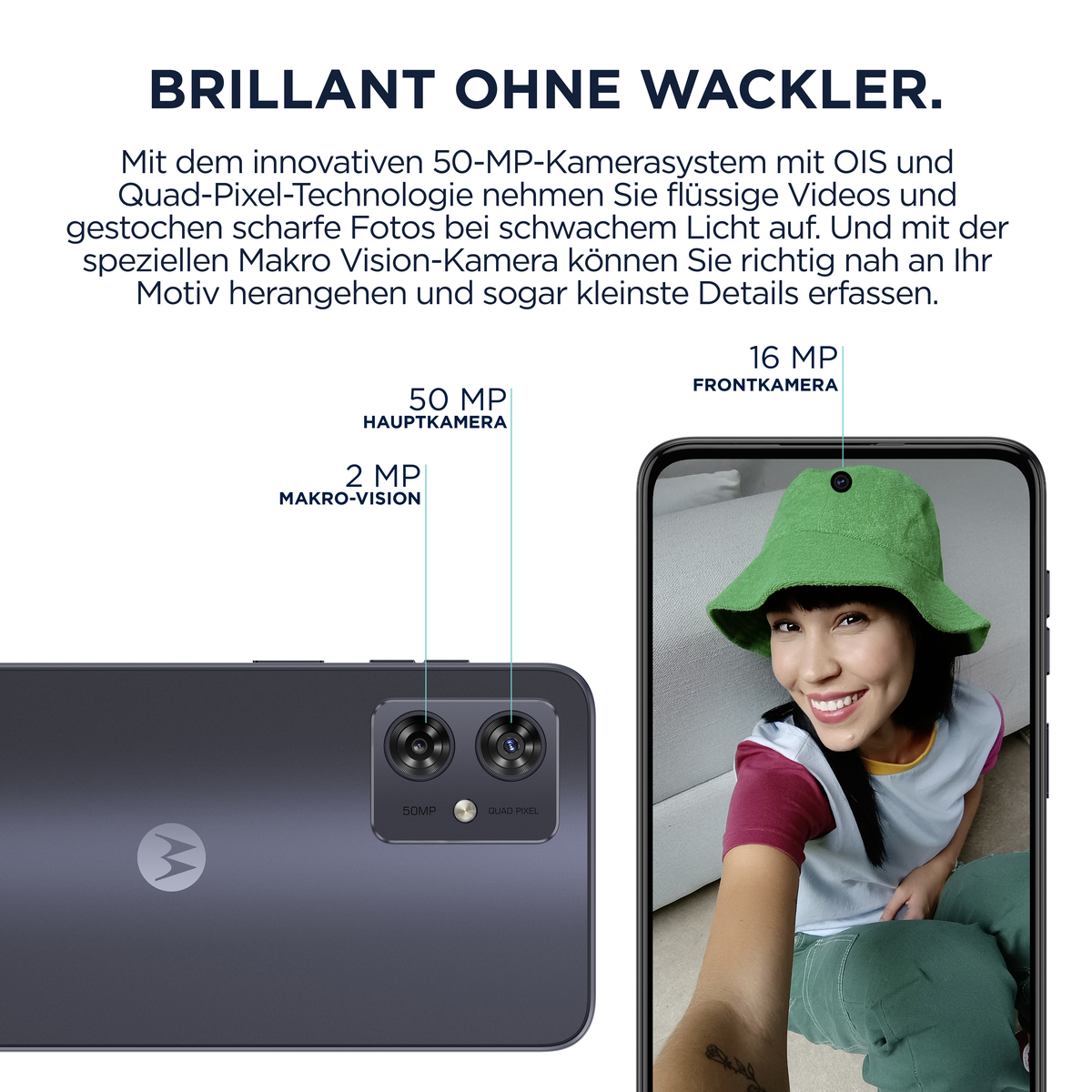 Smartfon z osobą w przednim aparacie. Tył telefonu pokazuje aparaty i funkcje.