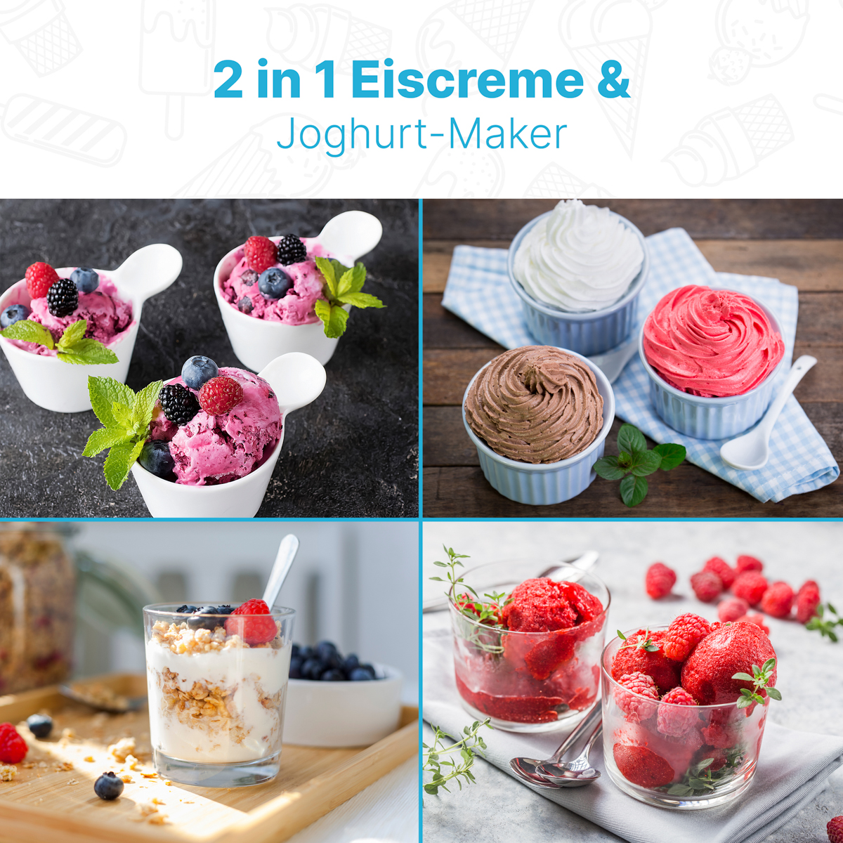 Collage von Eiscreme- und Joghurt-Desserts. Enthält Portionen Eiscreme und geschichtete Joghurt-Parfaits.