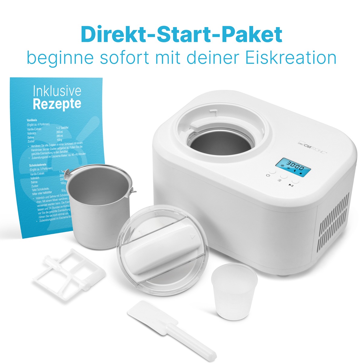 Weißer Eisbereiter mit Rezept und Zutaten. Text: 'Direkt-Start-Paket'.