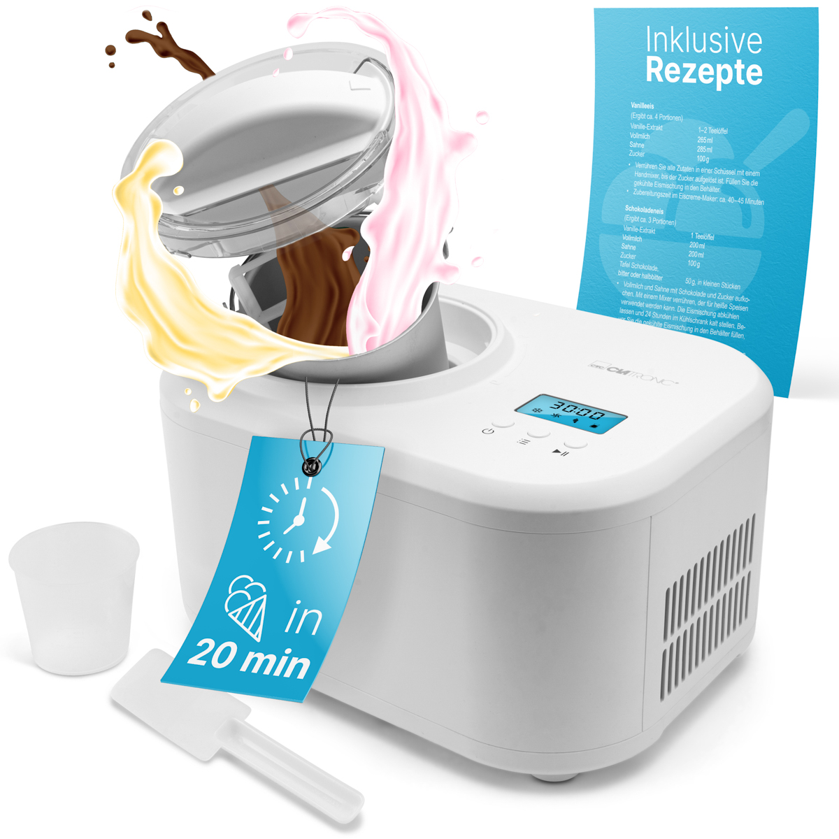 Weißer Eisbereiter mit Zutaten. Eis-Spritzer. Tag sagt, in 20 Minuten.