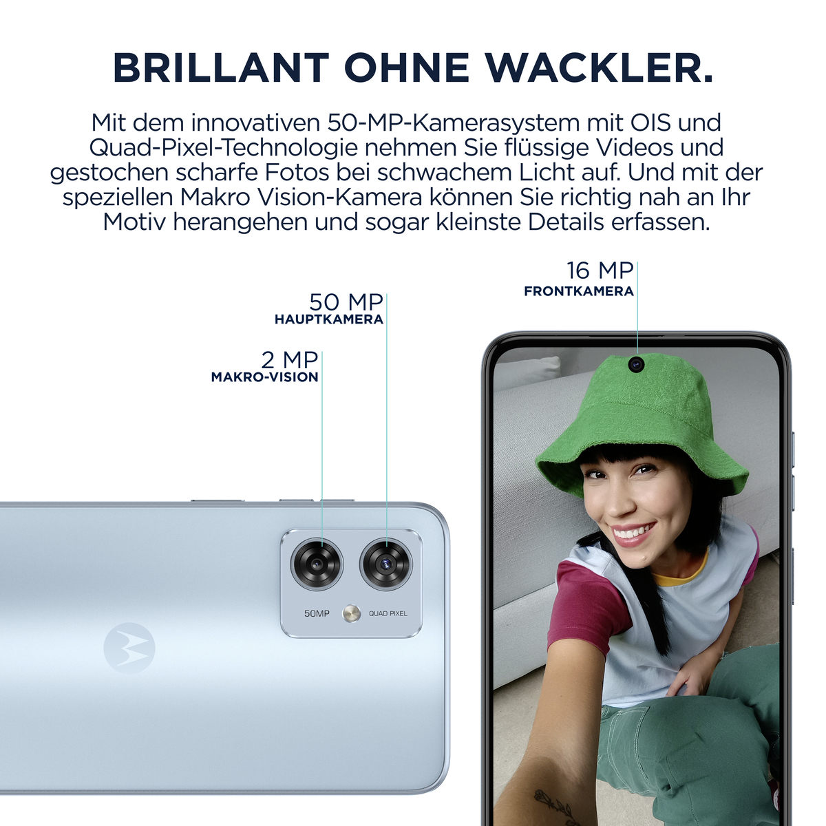 Jasnoniebieski telefon z przednim aparatem i kobieta robiąca selfie w zielonym kapeluszu.