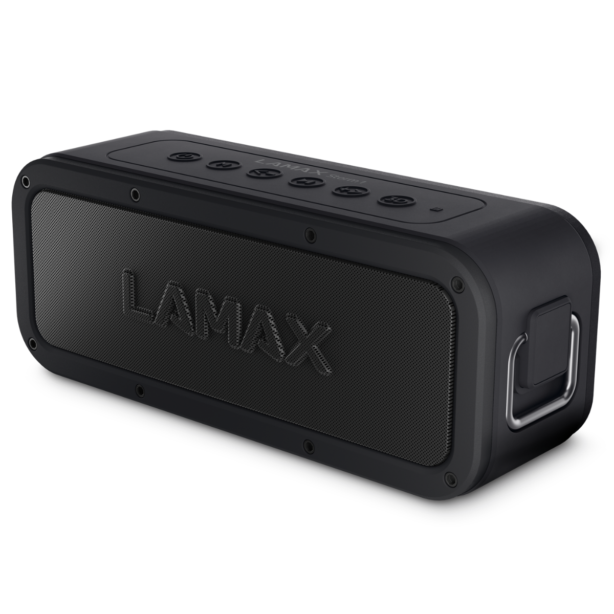 Czarny głośnik Bluetooth LAMAX. Ma przyciski na górze, siatkowy przód i uchwyt z boku.