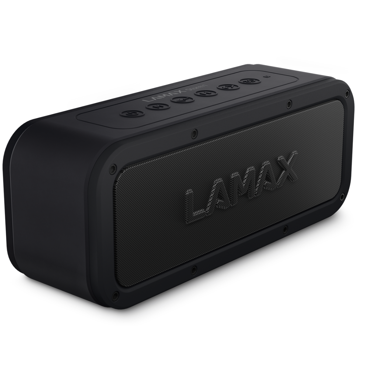Czarny prostokątny głośnik z siatkowym przodem i przyciskami sterowania na górze.