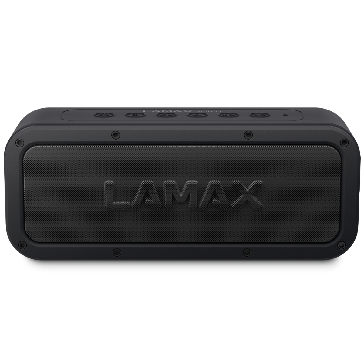 Czarny, prostokątny głośnik bluetooth LAMAX, izolowany na białym tle. Marka LAMAX z przodu.