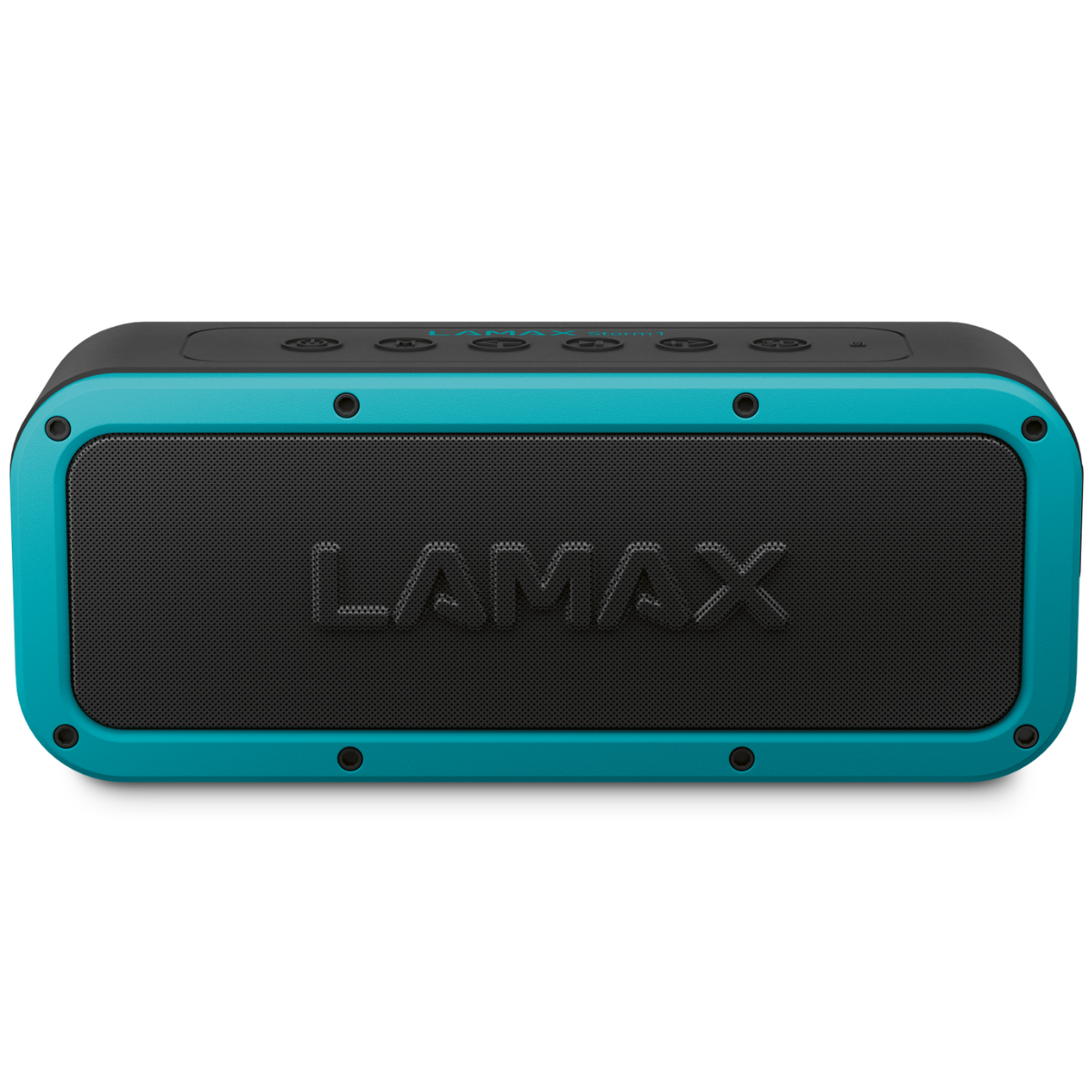 Turkusowy i czarny głośnik LAMAX na białym tle.