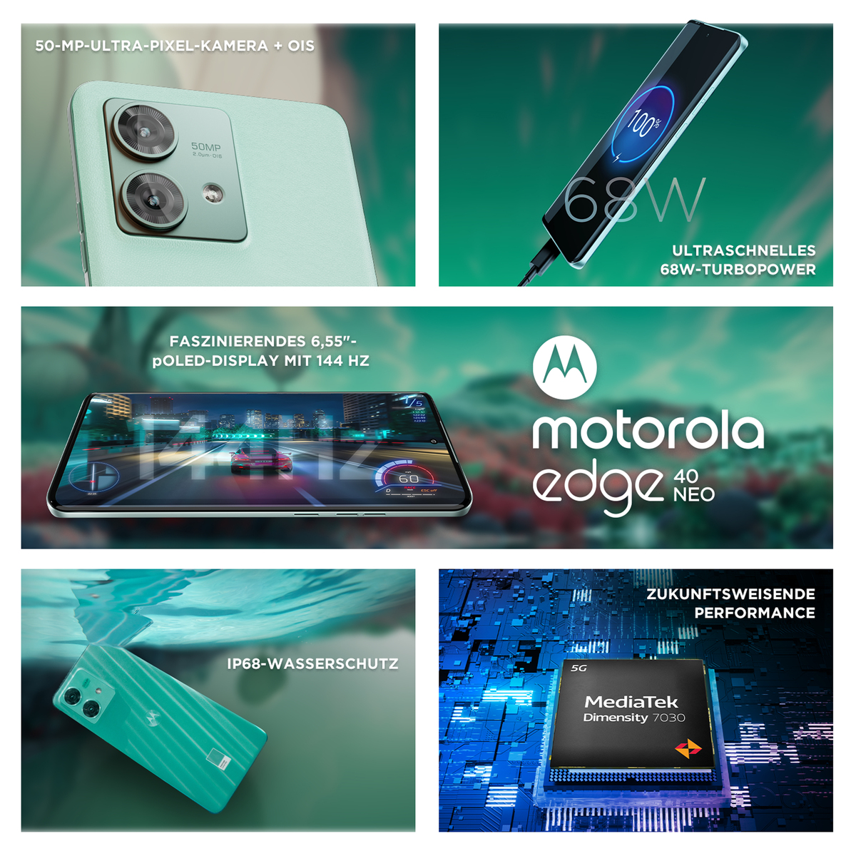 Obraz promocyjny z telefonem pokazującym Motorola Edge 40 Neo. Pokazano szczegóły telefonu.