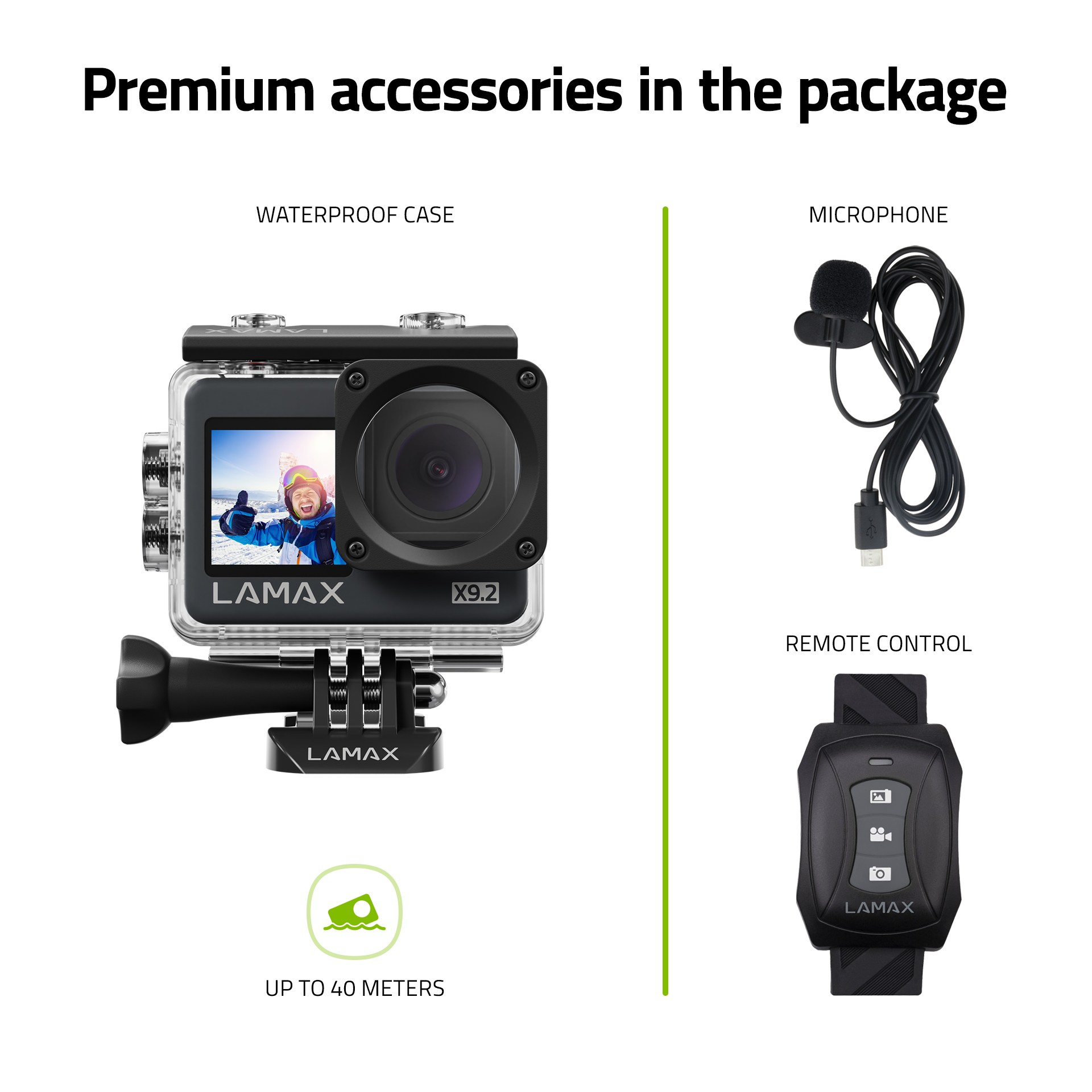 Kamera sportowa z akcesoriami: wodoodporna obudowa, mikrofon i pilot. Kamera może być używana do głębokości 40 metrów.