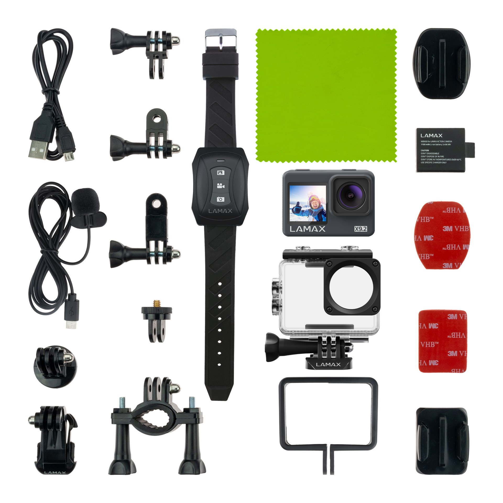 Zestaw kamery sportowej z wieloma akcesoriami, w tym zegarkiem, ekranem i elementami montażowymi.