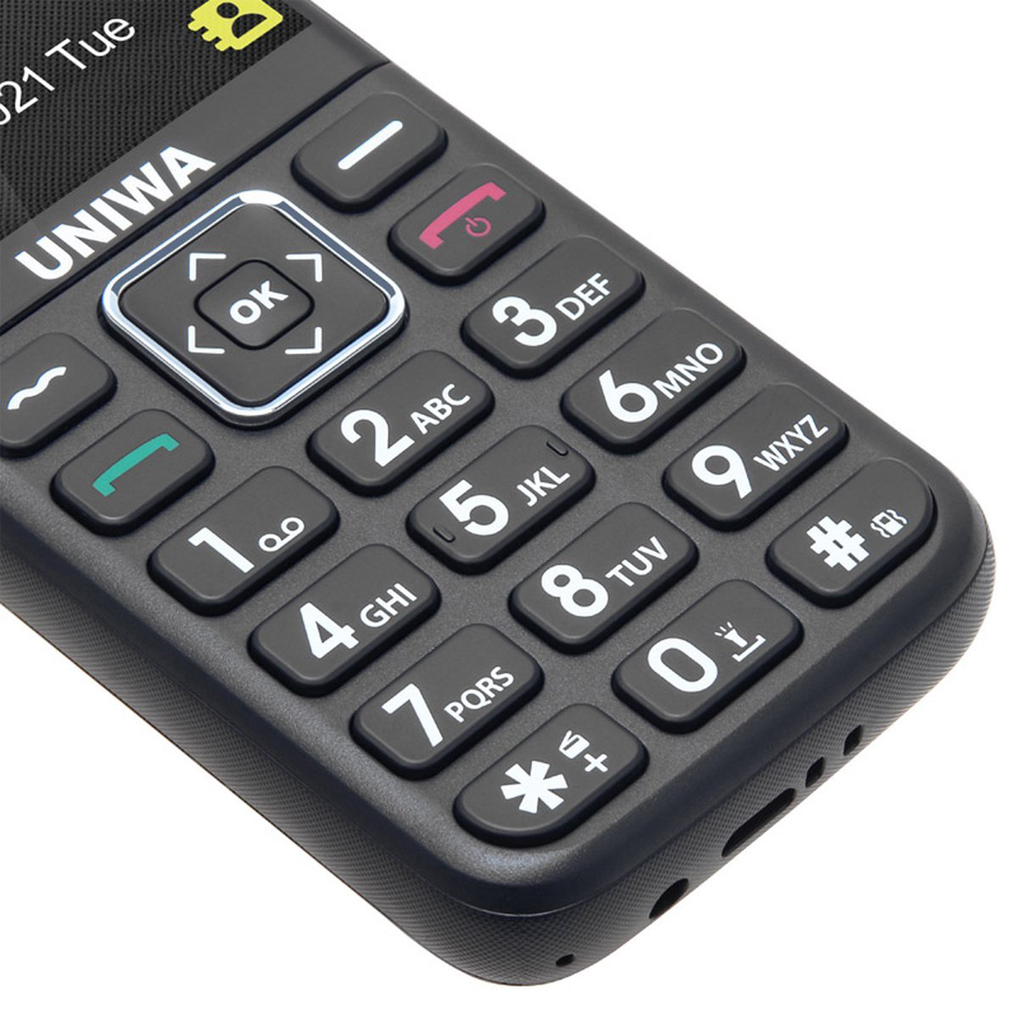 Teléfono móvil negro con botones grandes y pantalla digital mostrando la hora.
